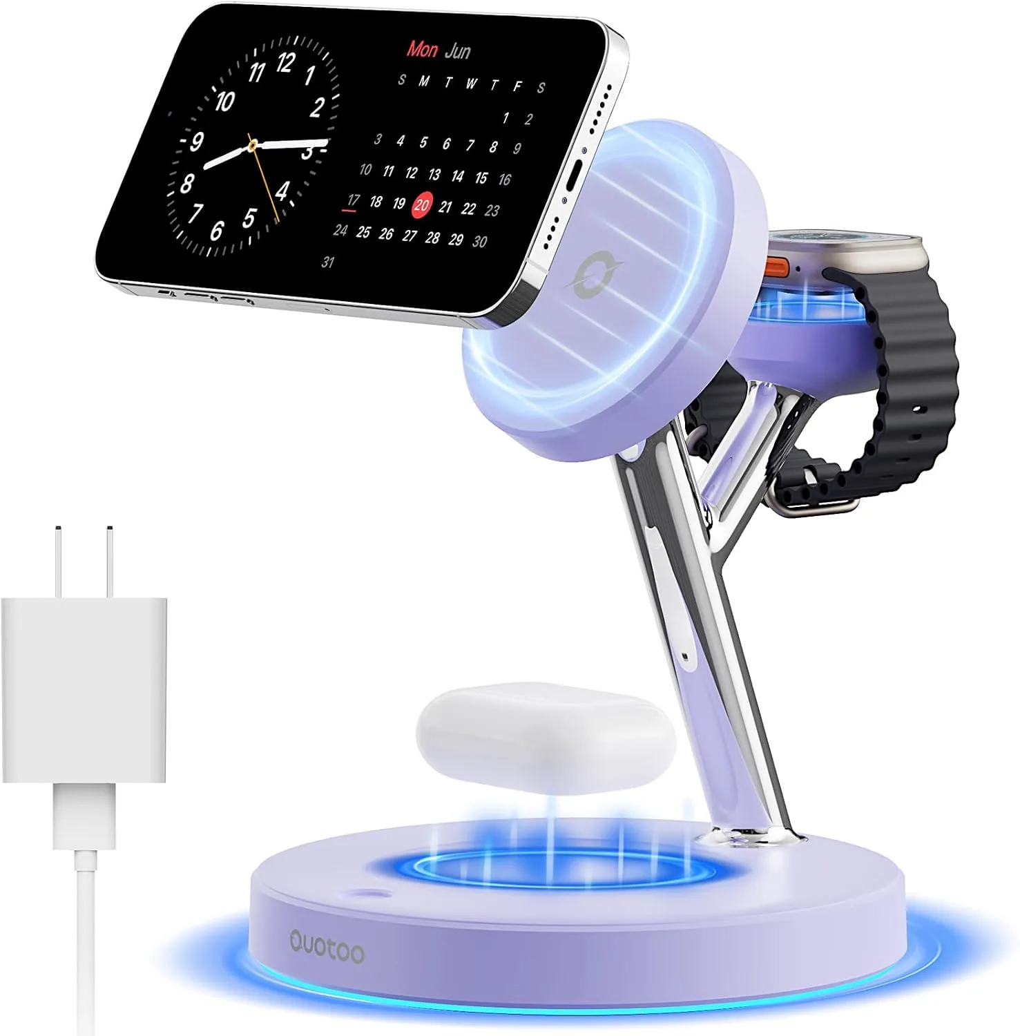 Cargador inalámbrico 3 en 1 Ouotoo con luz ambiental azul ajustable y carga rápida 15W para iPhone 12-17, Apple Watch y AirPods