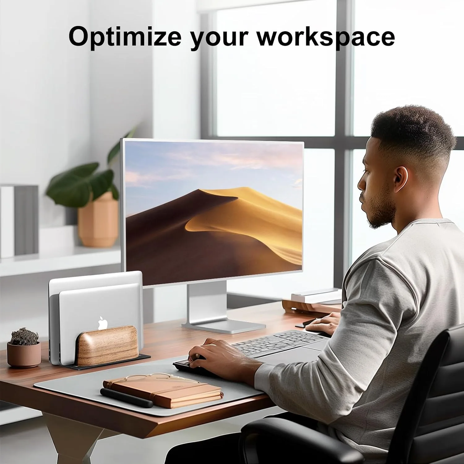 UPERGO Vertical Laptop Stand, Dual Slot Wood Holder for Desk