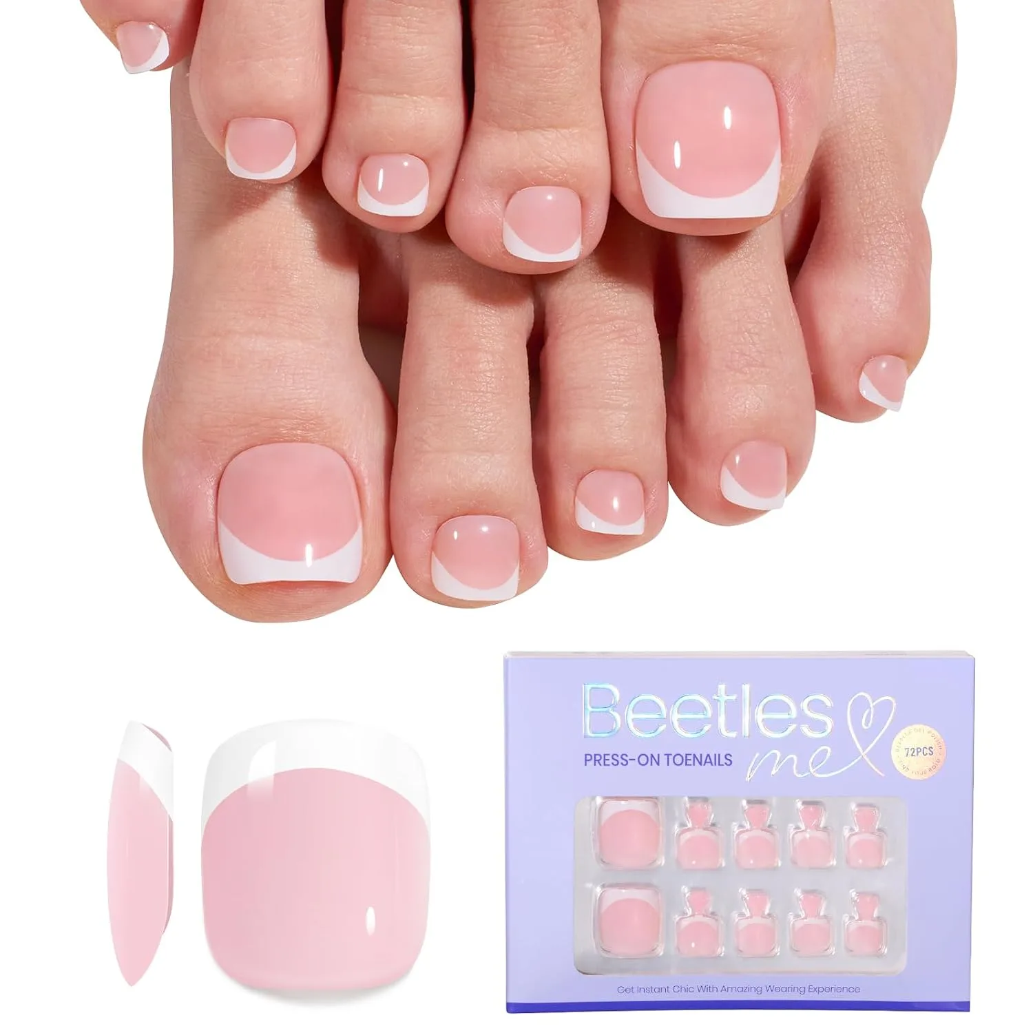 Beetles Toe Nail Press Ons Short French Tip Press On Toenails 72PCS Kit