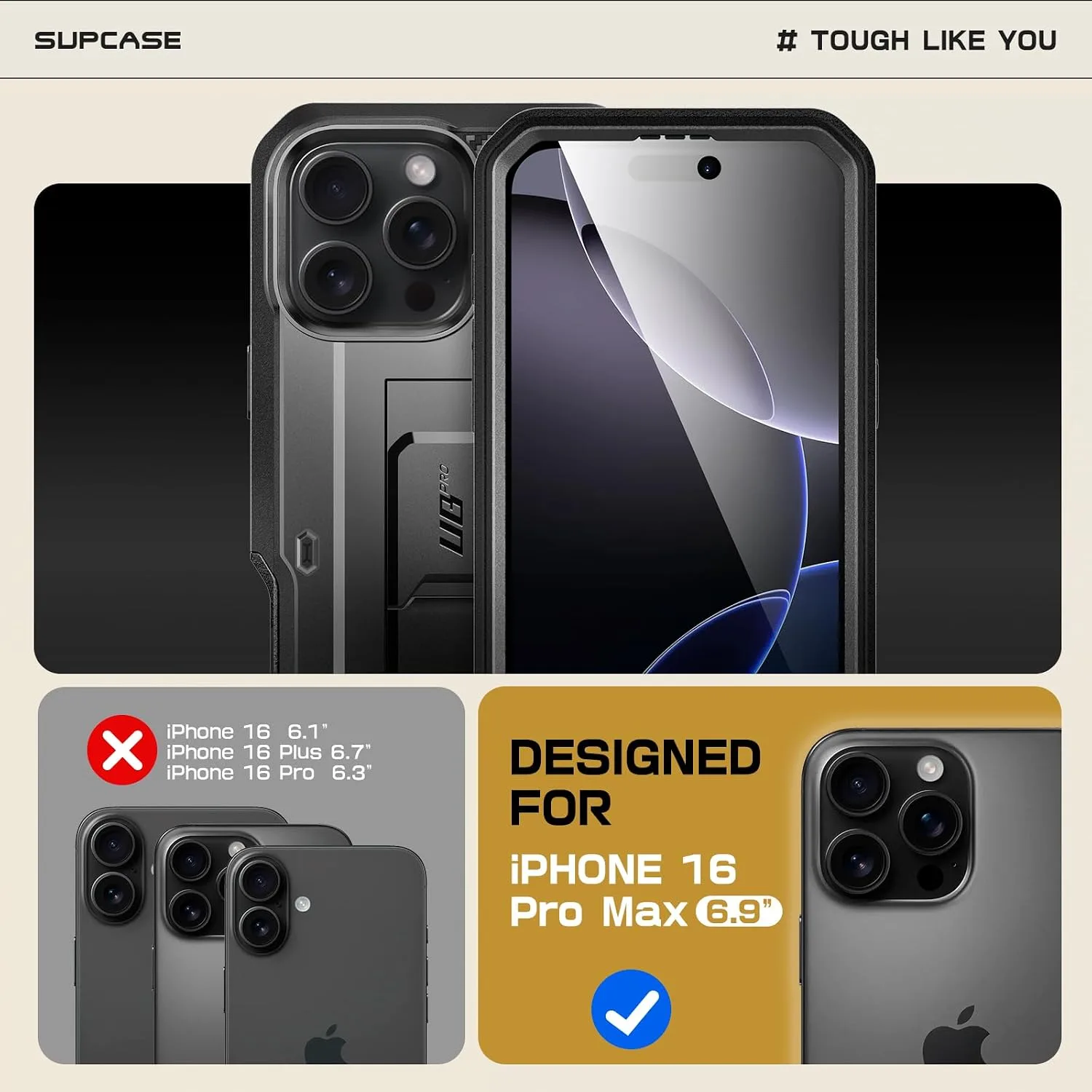 SUPCASE for iPhone 16 Pro Max Case with Screen Protector & Stand, Black