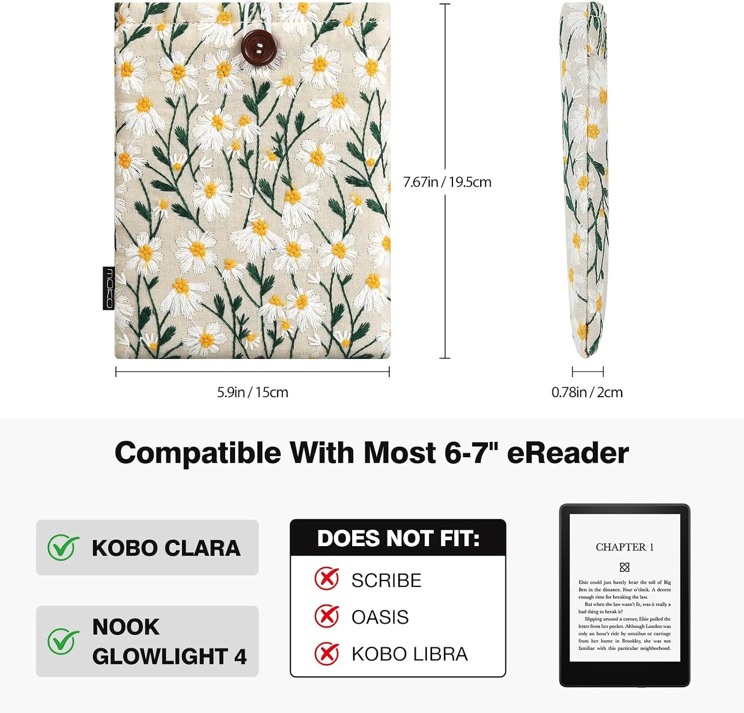MoKo 6-7 Inch Embroidered Daisy Padded E-Reader Sleeve Zippered Bag with Back Pouch for Most 6/6.8/7 inch E-Reader, 6" Nook Glowligt 4, 6" Kobo Clara BW/Clara Colour, Beige