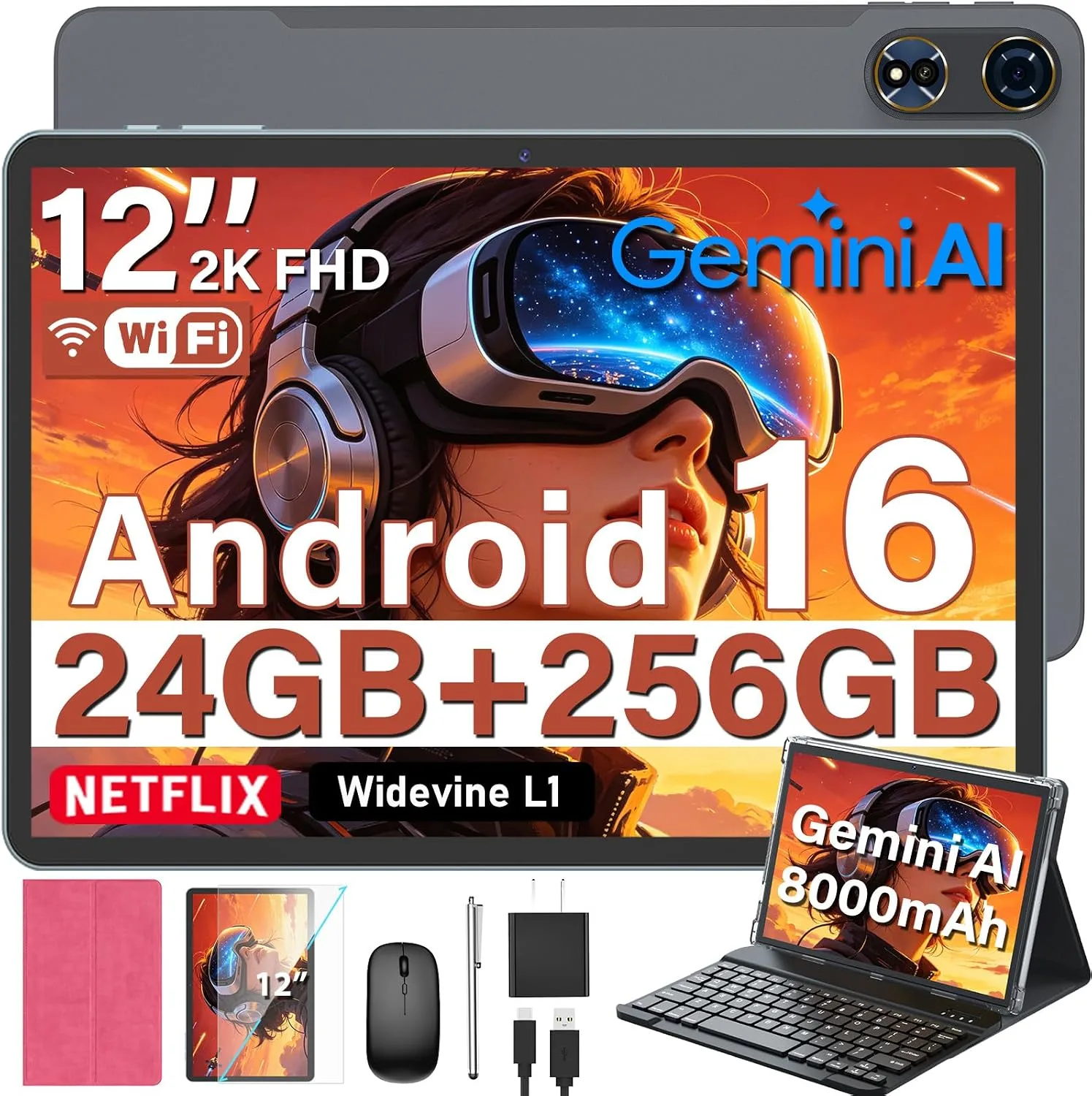 2026 12 Inch Android 16 Tablet with Keyboard, 24GB+256GB+2TB Expand (Pink)