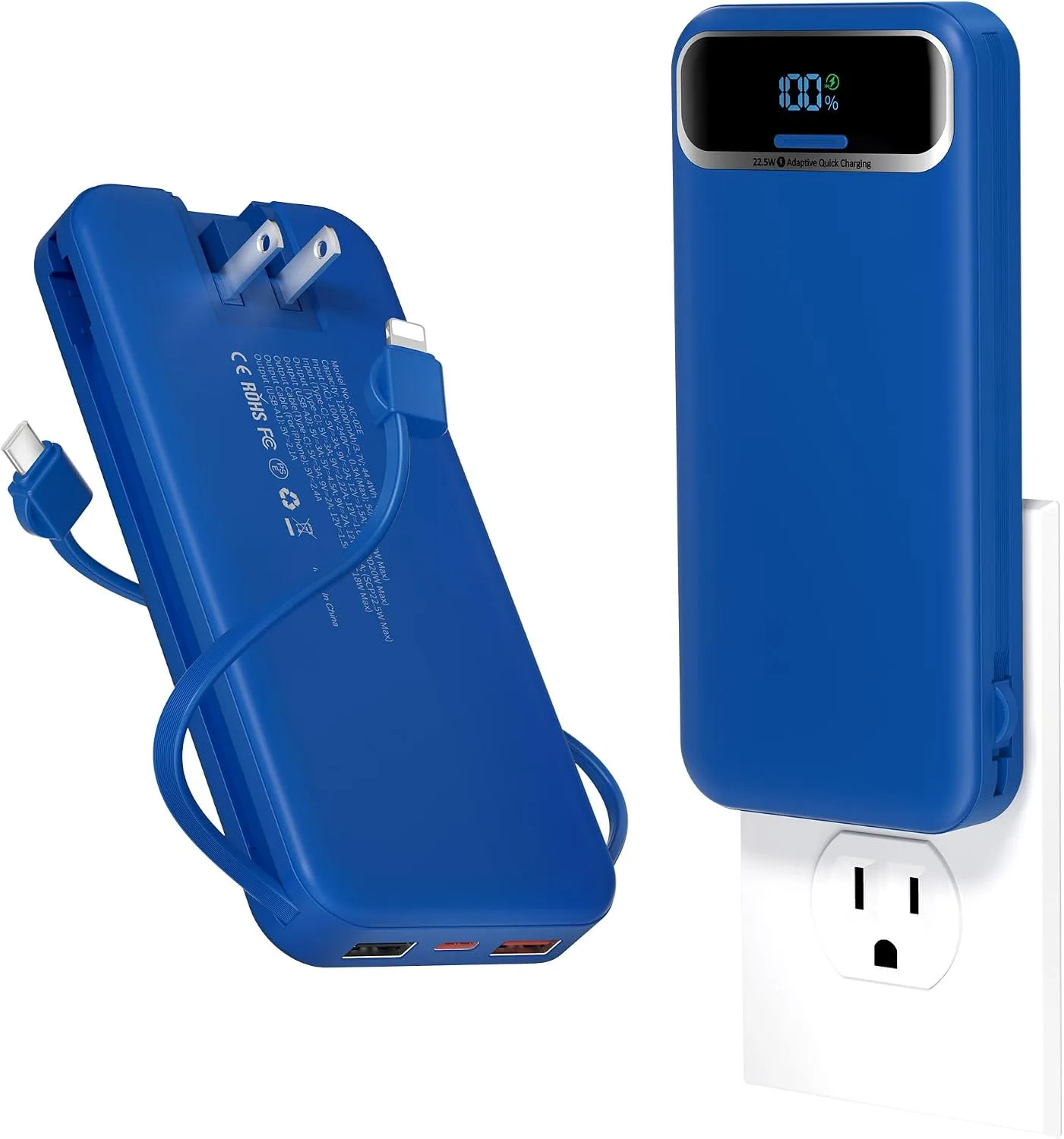 aonidi Portable Charger 12000mAh with Built-in Cables&AC Wall Plug, Navy