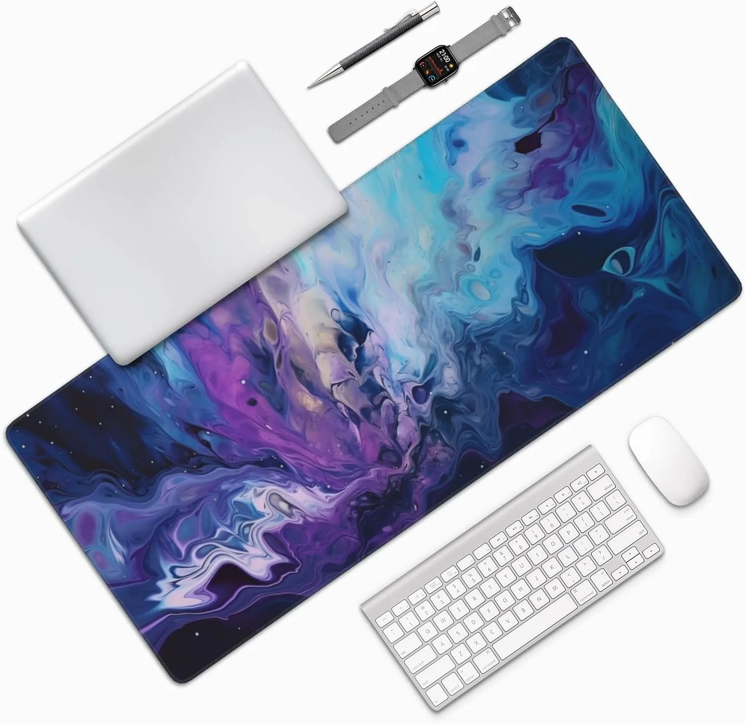 Large Desk Mat with Non-Slip Base, 35.4" x 15.7", Galaxy Marble Design, Wrist Rest and Coaster Included