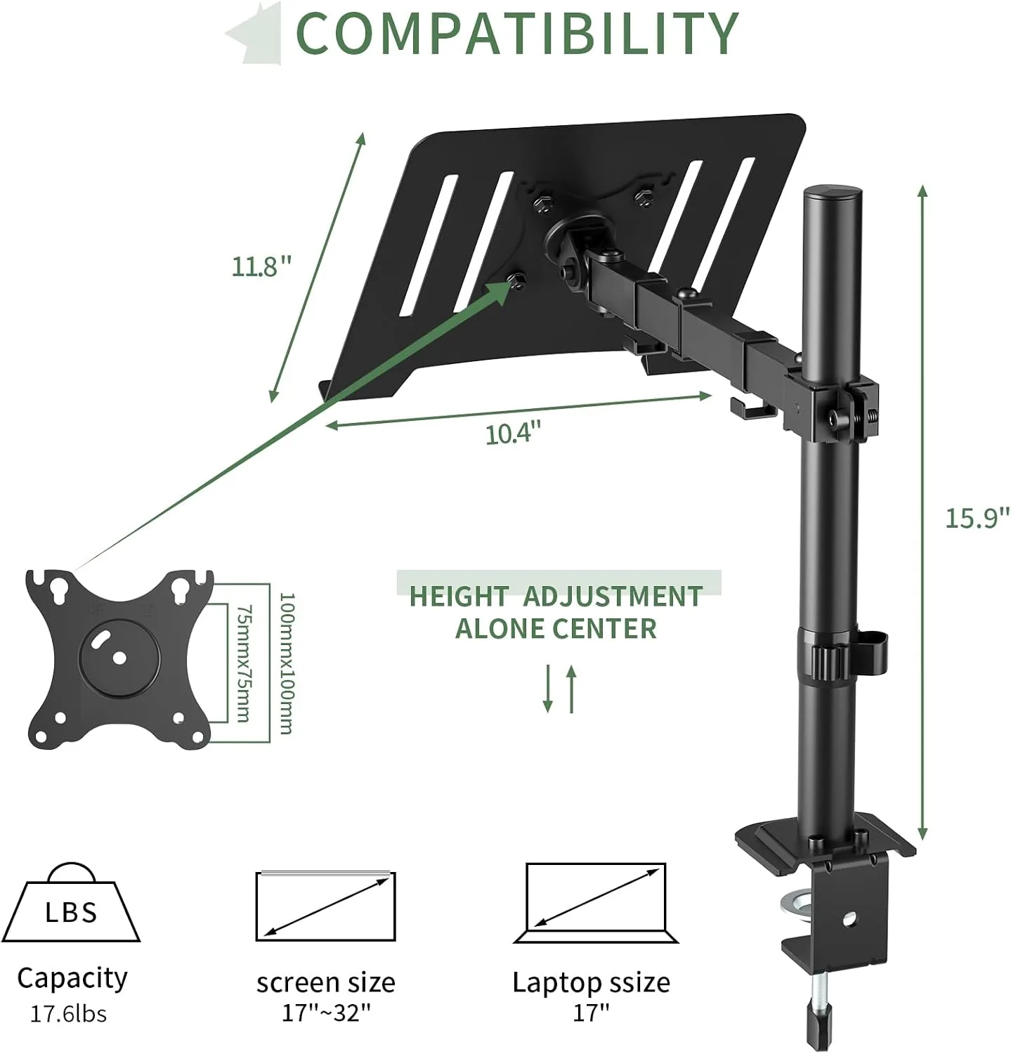 UPGRAVITY Black Laptop Desk Mount for 17 inch Notebook or 14”-32” Monitor