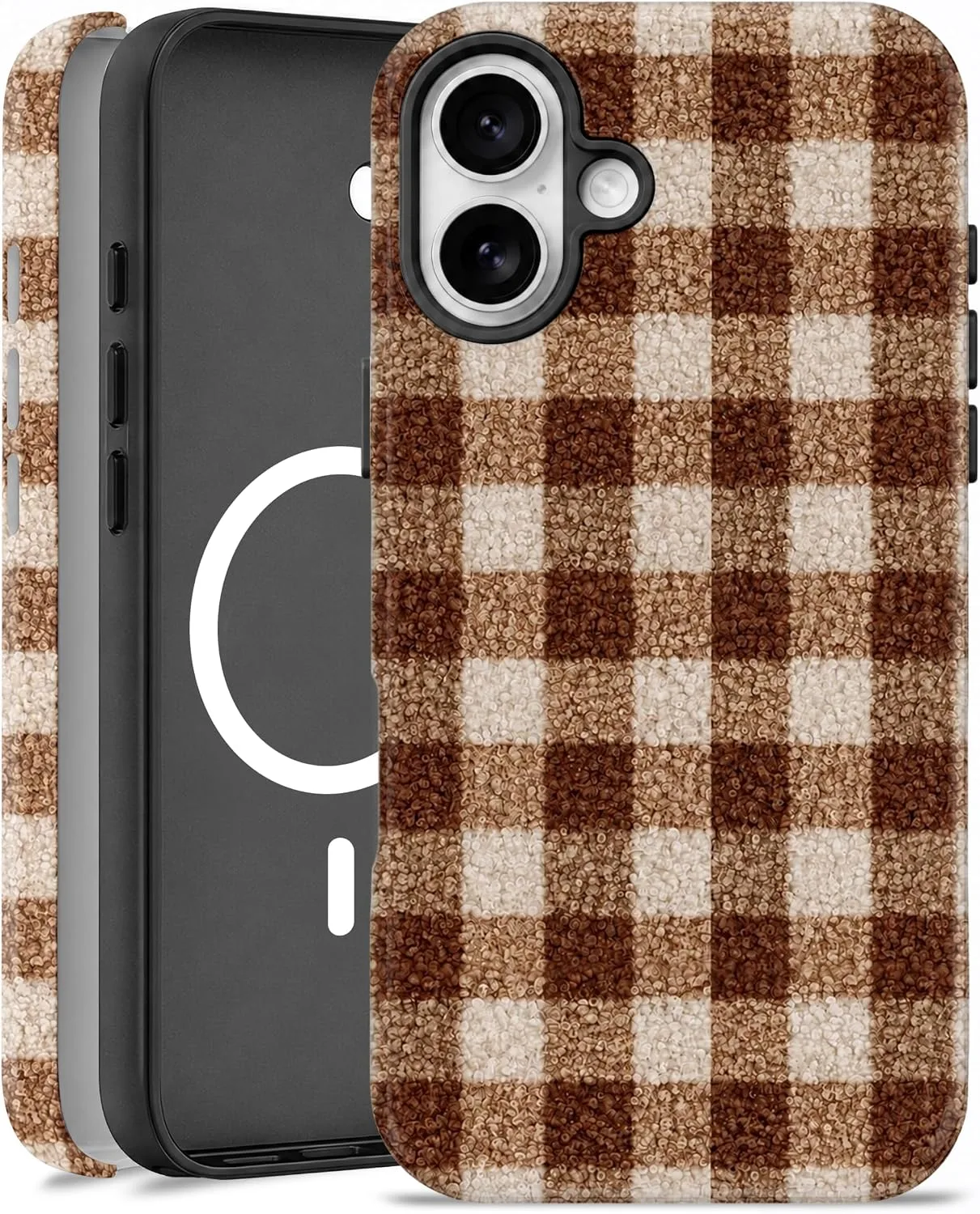Funda magnética para iPhone 15 Elystara diseño cuadros marrón