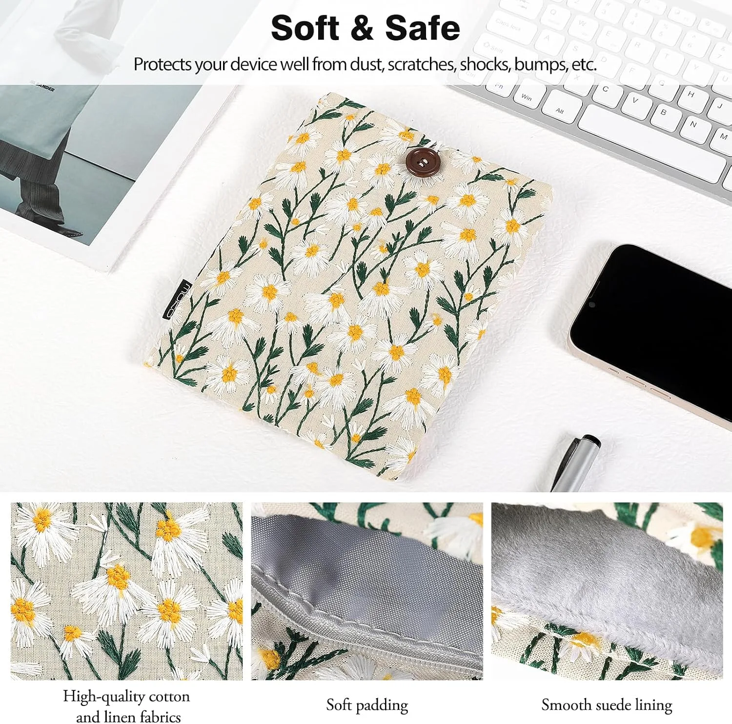 MoKo 6-7 Inch Embroidered Daisy Padded E-Reader Sleeve Zippered Bag with Back Pouch for Most 6/6.8/7 inch E-Reader, 6" Nook Glowligt 4, 6" Kobo Clara BW/Clara Colour, Beige