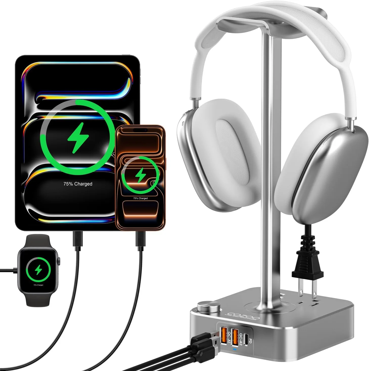 cozoo Headphone Stand with Charger, USB C, Gifts for Gamers Men, Gray