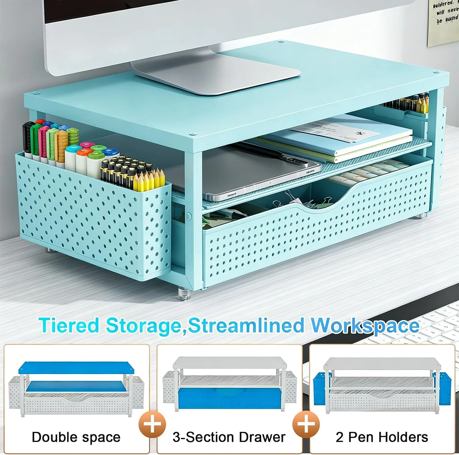 gianotter Monitor Stand with Drawer and 2 Pen Holders (Blue)