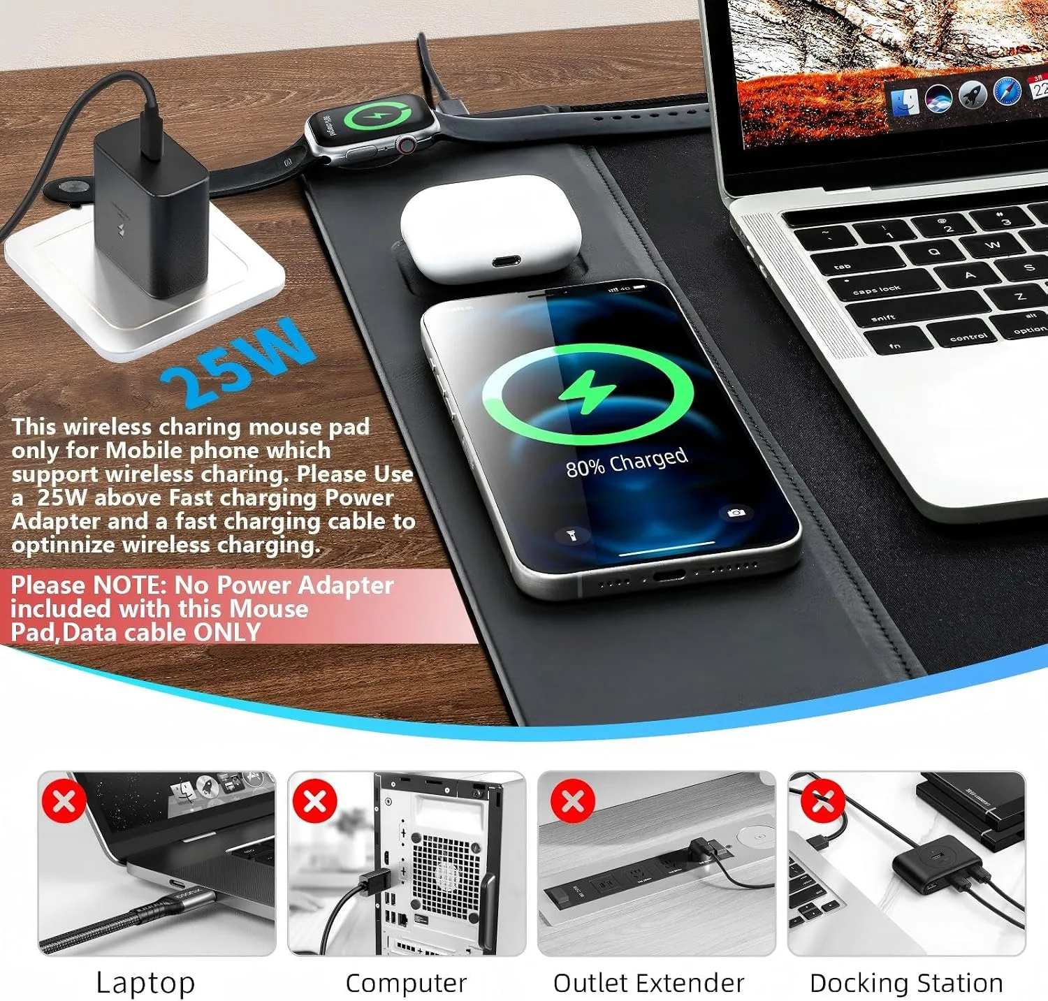 VOVIPO 3 in 1 Wireless Charging Mouse Pad, Gaming Mousepad with Wireless Charger Multiple Devices Compitable with Watch/iPhone/Airpods, Large Desk Mat 90 x 40cm,Desk Pad for MacBook, PC, Laptop-Black
