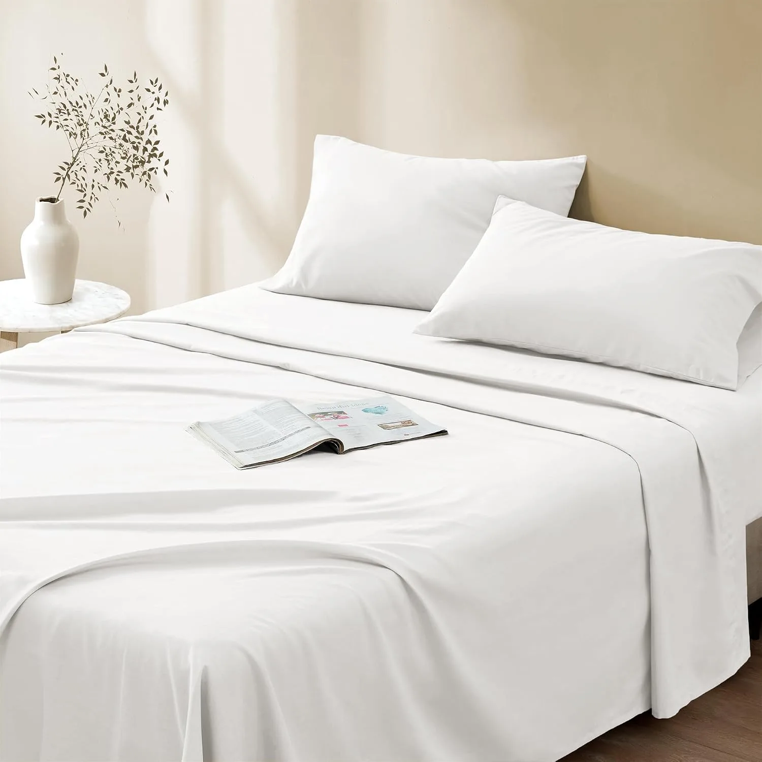 Comfort Spaces 100% Cotton Percale Sheets Queen Sheet Set 4 Pcs, White