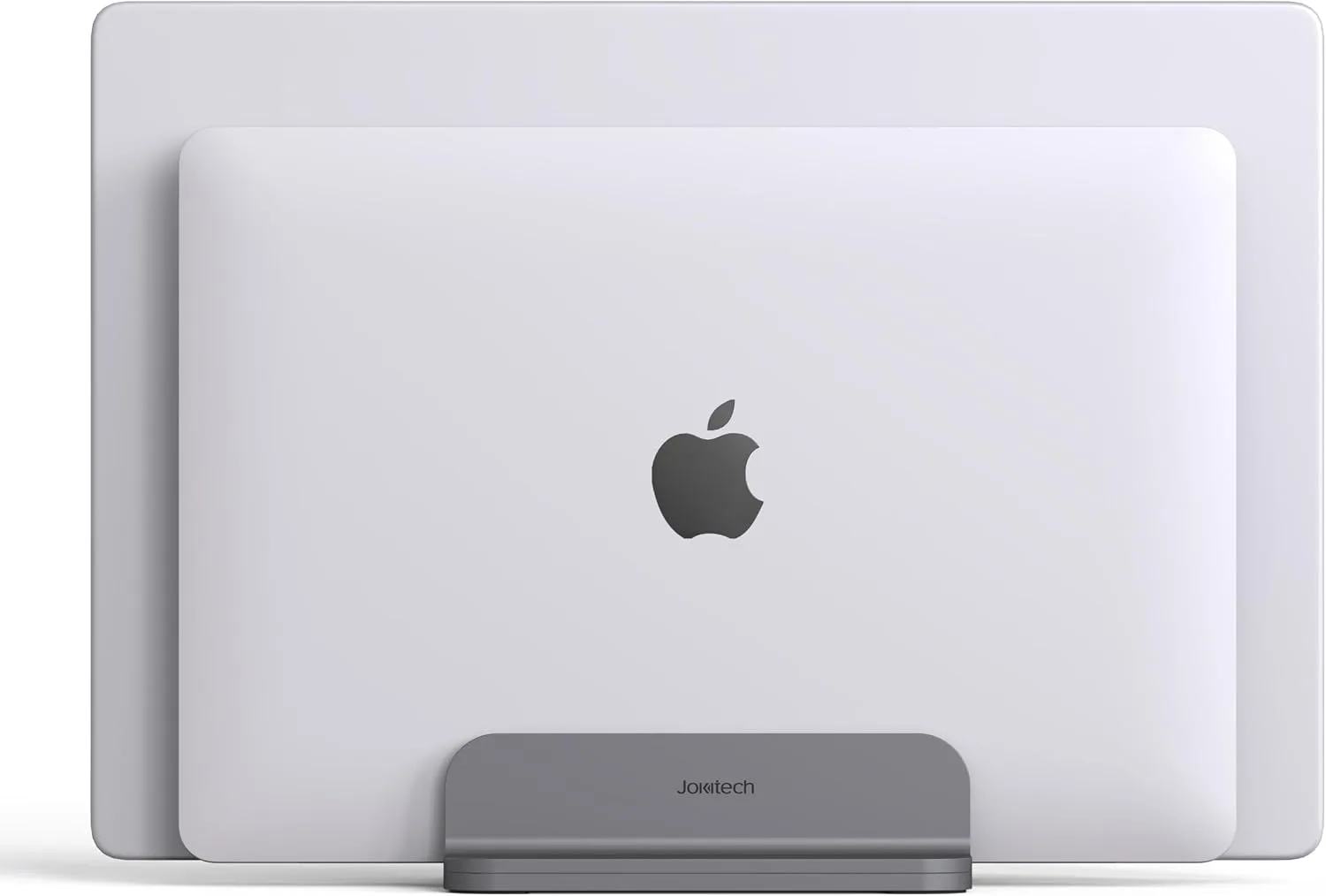 JOKItech Dual Aluminum Vertical Laptop Stand Organizer, Sturdy Notebook Computer Holder Stand Compatible with New Liquid Retina XDR Apple MacBook Air/Pro/Neo, Mac mini, Apple TV & iPad Pro - Spacegray