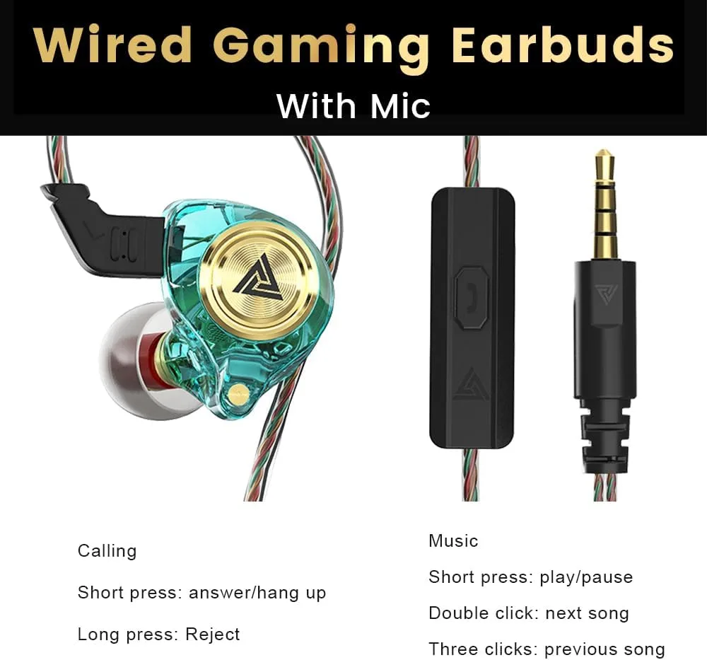 Wired Gaming Earbuds 2 Pack, Ak3file in Ear Monitors, Deep Bass Sound Wired Earbuds, HiFi in Ear Headphones with 1DD 10mm Dynamic Driver, IEM for Music Gaming Video Calling (Black+Green)