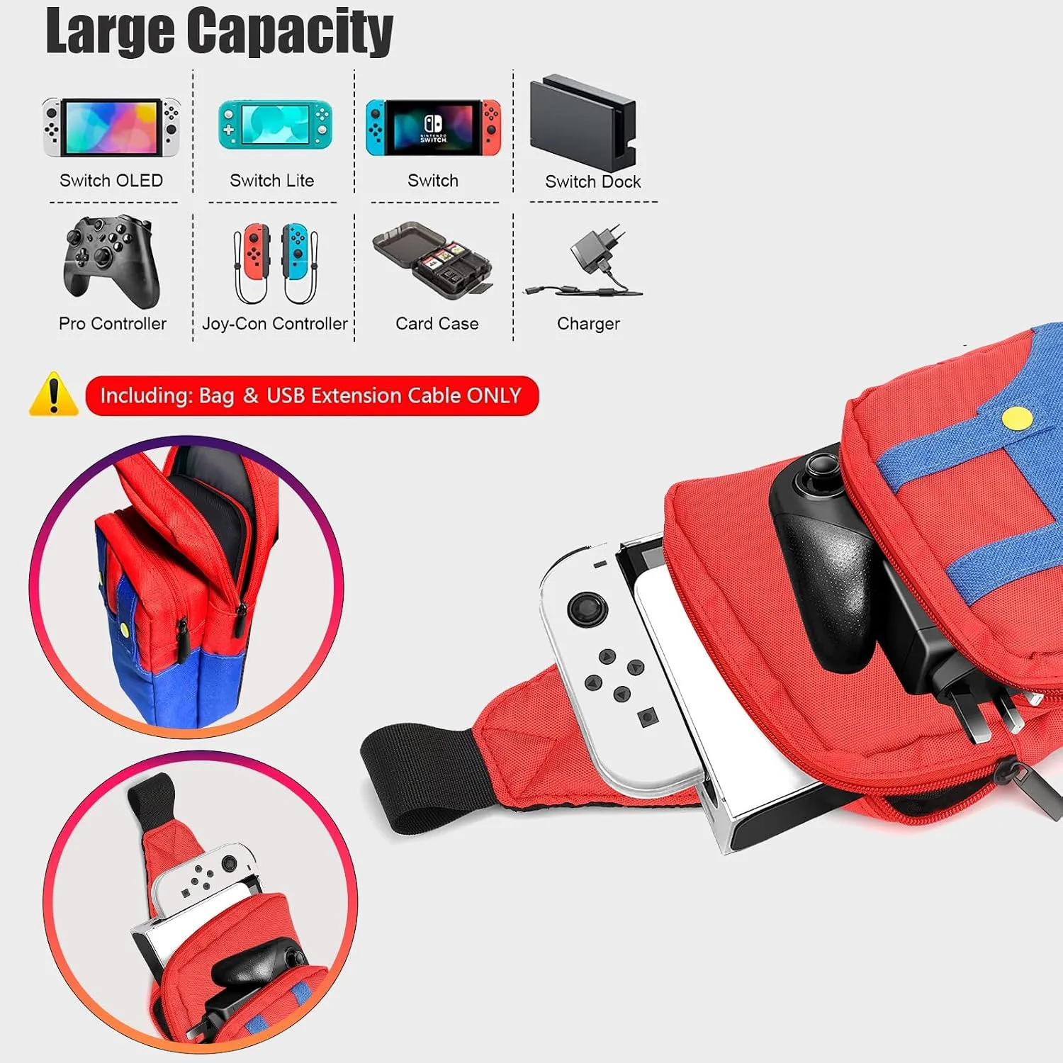 Vadaxx Cute Travel Bag for Nintendo Switch/2/Lite/OLED, Small Sling Portable Waterproof Backpack Carrying Crossbody Shoulder Chest Gaming Bag Case for NS SD Console Dock Joy-Cons Accessories Storage