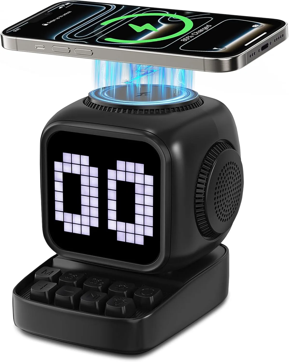 Retro Robot 5-in-1 Bluetooth Speaker: 15W Wireless Charger, Pixel LED Screen, 10W Stereo Sound & 15 White Noise, Alarm Clock, Cute Portable Wireless Speaker for Bedroom Desk Office, Birthday Gifts