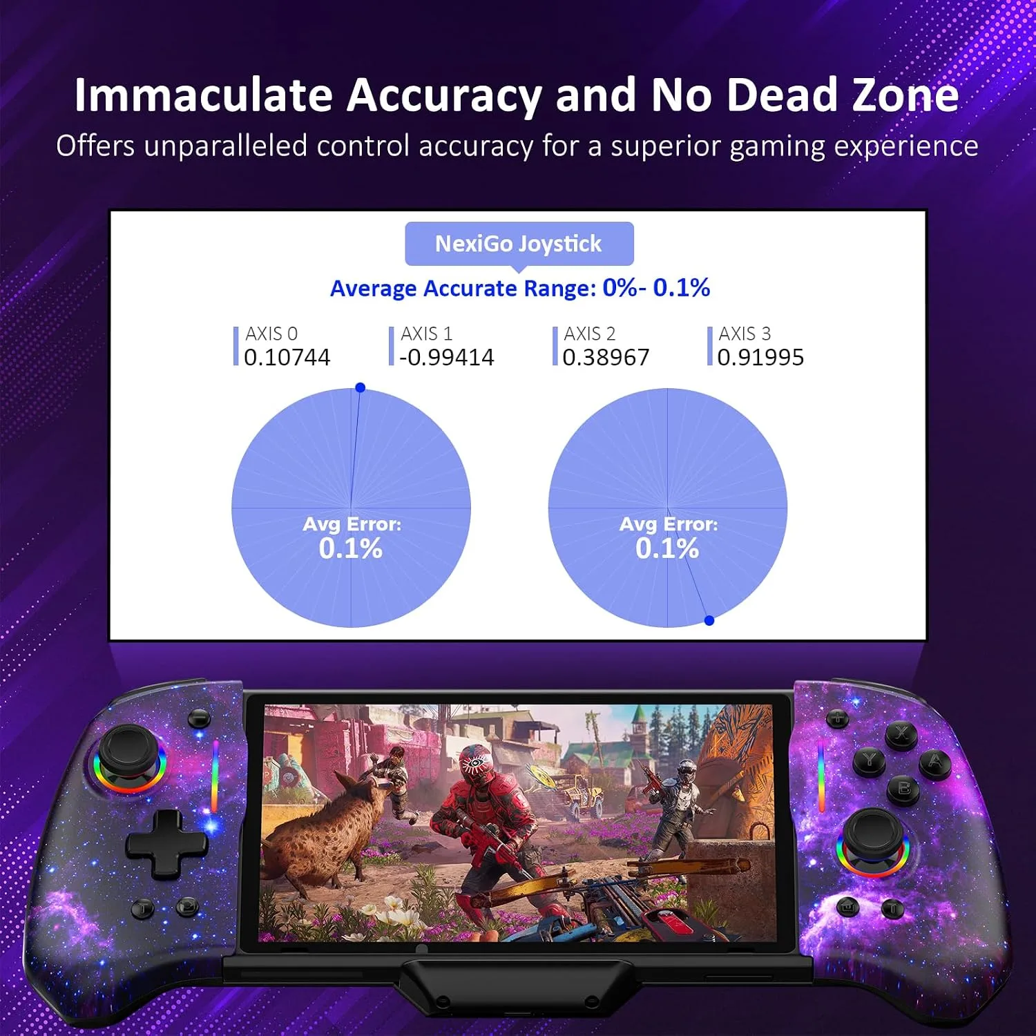 NexiGo Hall Effect Gripcon (No Drift, No Deadzone) with Hall Sensing Joystick for Switch/Switch OLED, Adjustable RGB Light, 6-Axis Gyro, Turbo, Mapping (Cosmic Nebula)