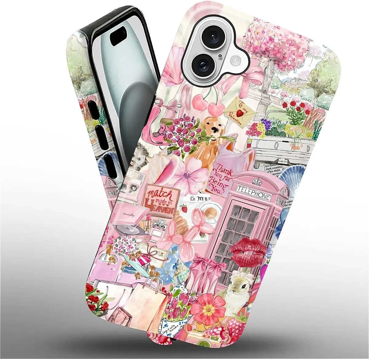 DAIZAG Case for iPhone 16 Plus,Mixed 2 Layer Design Shockproof Soft TPU Ddouble Protection Phone Case for iPhone 16 Plus-Cute Pink Animal Garden Collage
