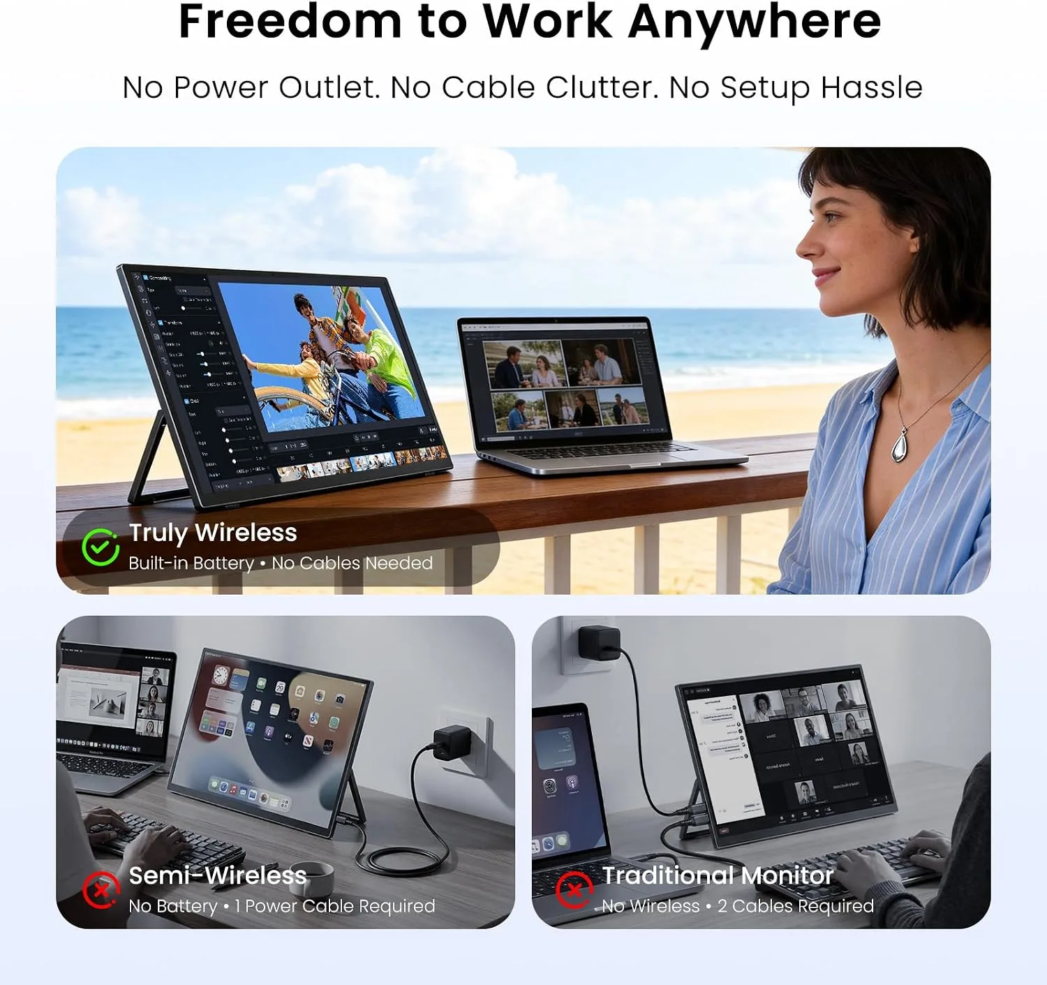 UPERFECT 23.8" 1080P 100Hz Wireless Portable Monitor with Battery 10000mAh