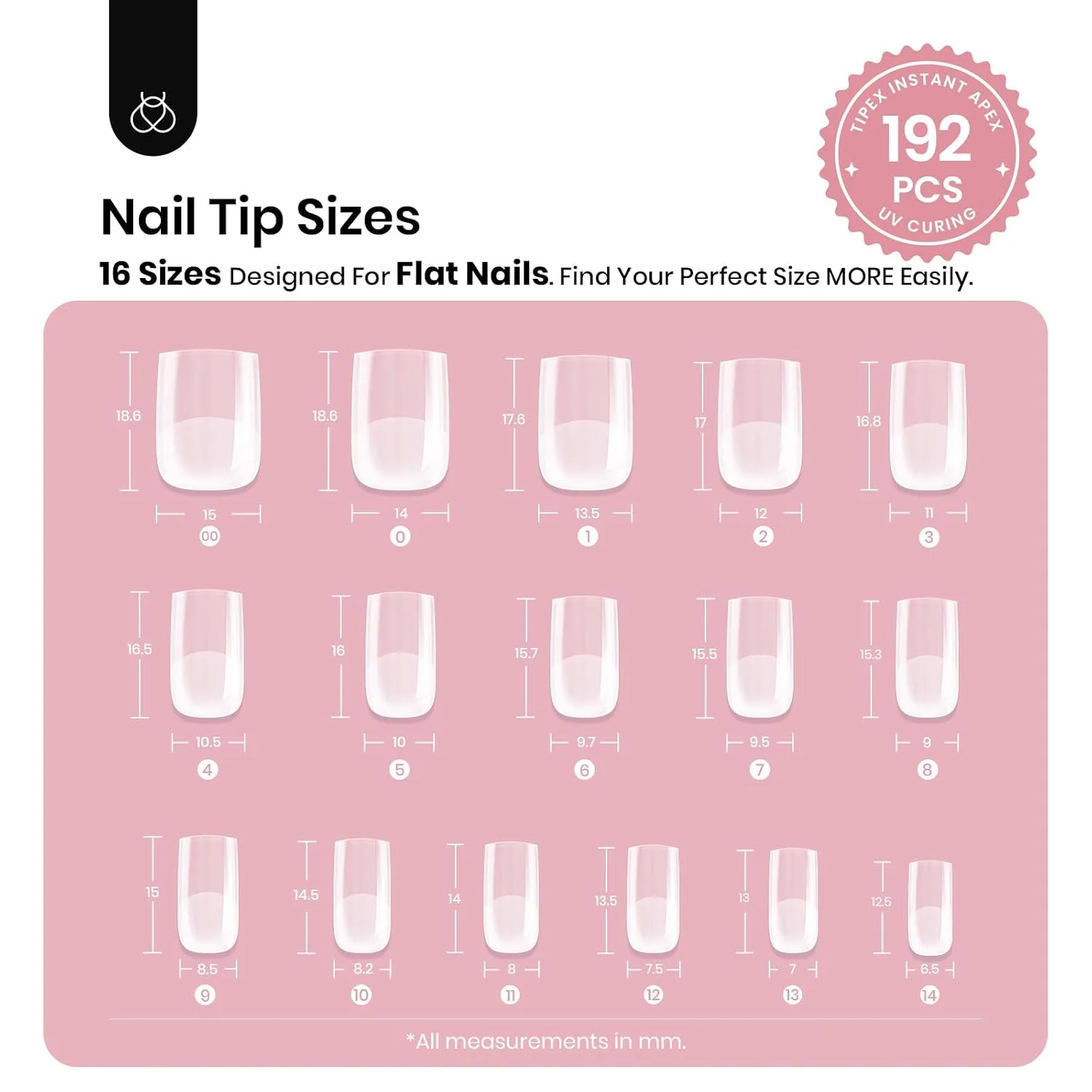 Beetles Tipex Instant Apex Nail Tips, XS Square, 192pcs 16 Sizes(00-14)