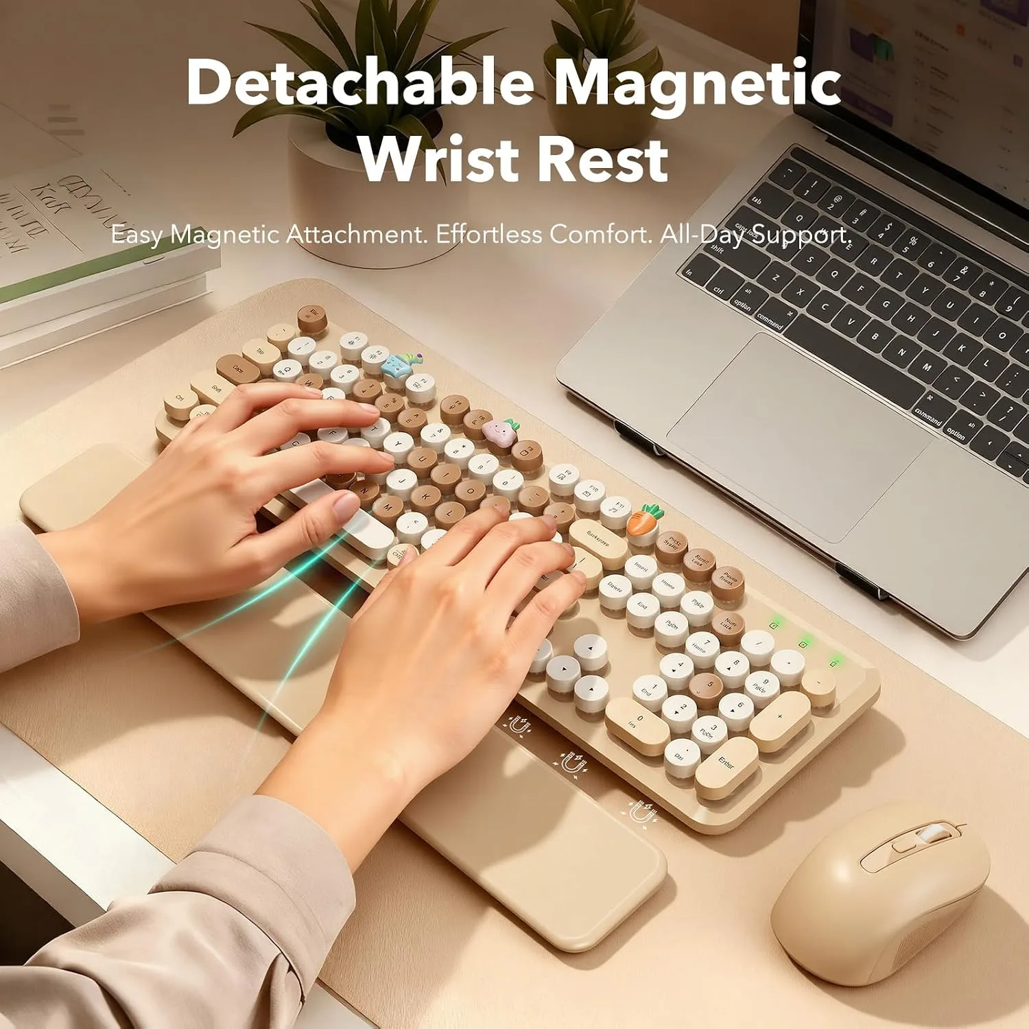 Wireless Keyboard and Mouse, Round Keycap, Magnetic Wrist Rest, Latte Beige