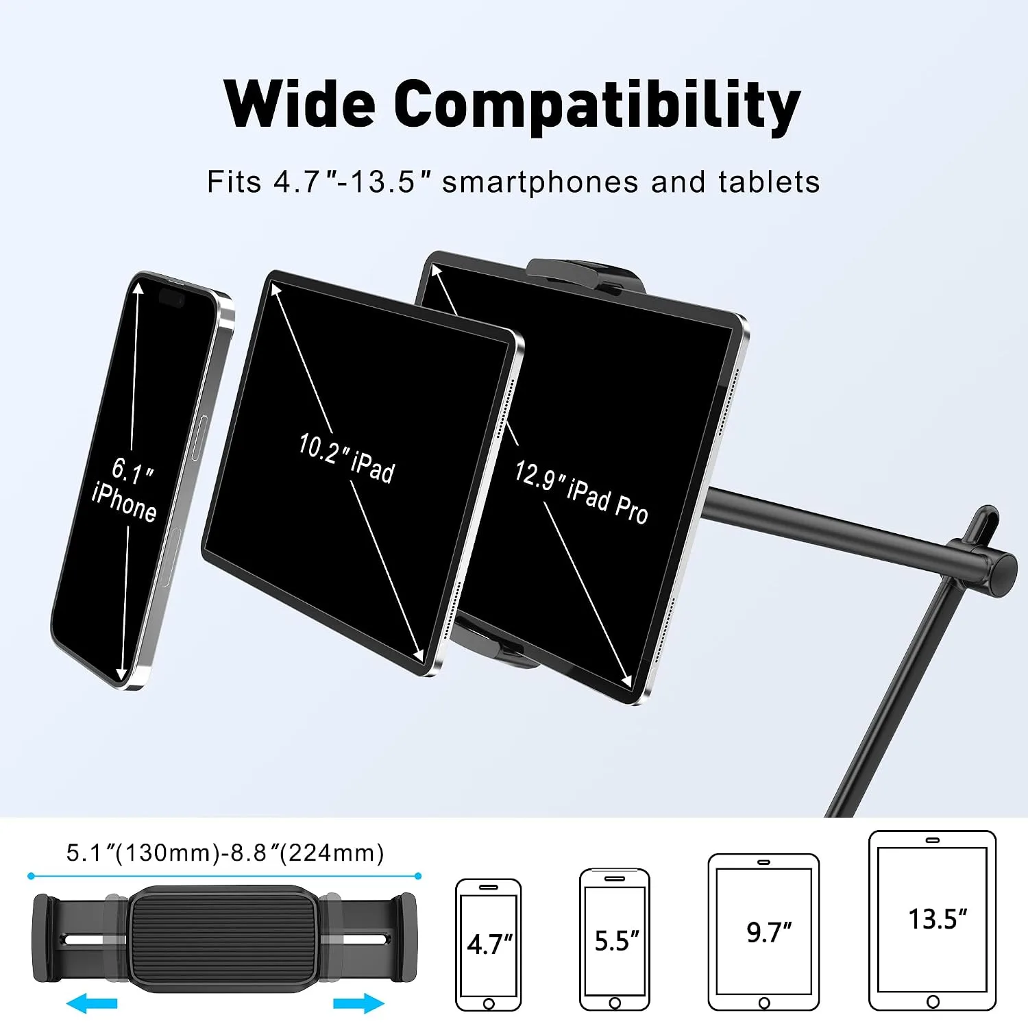 AboveTEK Tablet Stand Holder for Desk & Bed, Aluminum iPad Holder Arm with 360° Rotating Clamp, Adjustable Phone Stand Compatible with 4.7"-13.5" iPad Pro/Air/Mini, iPhone, Galaxy Tab- Black