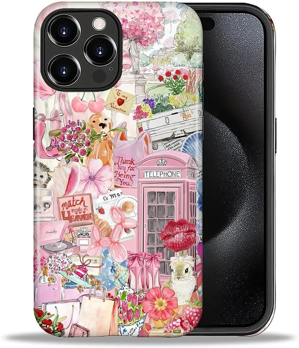 DAIZAG Case for iPhone 16 Pro,Mixed 2 Layer Design Shockproof Soft TPU Ddouble Protection Phone Case for iPhone 16 Pro-Cute Pink Animal Garden Collage