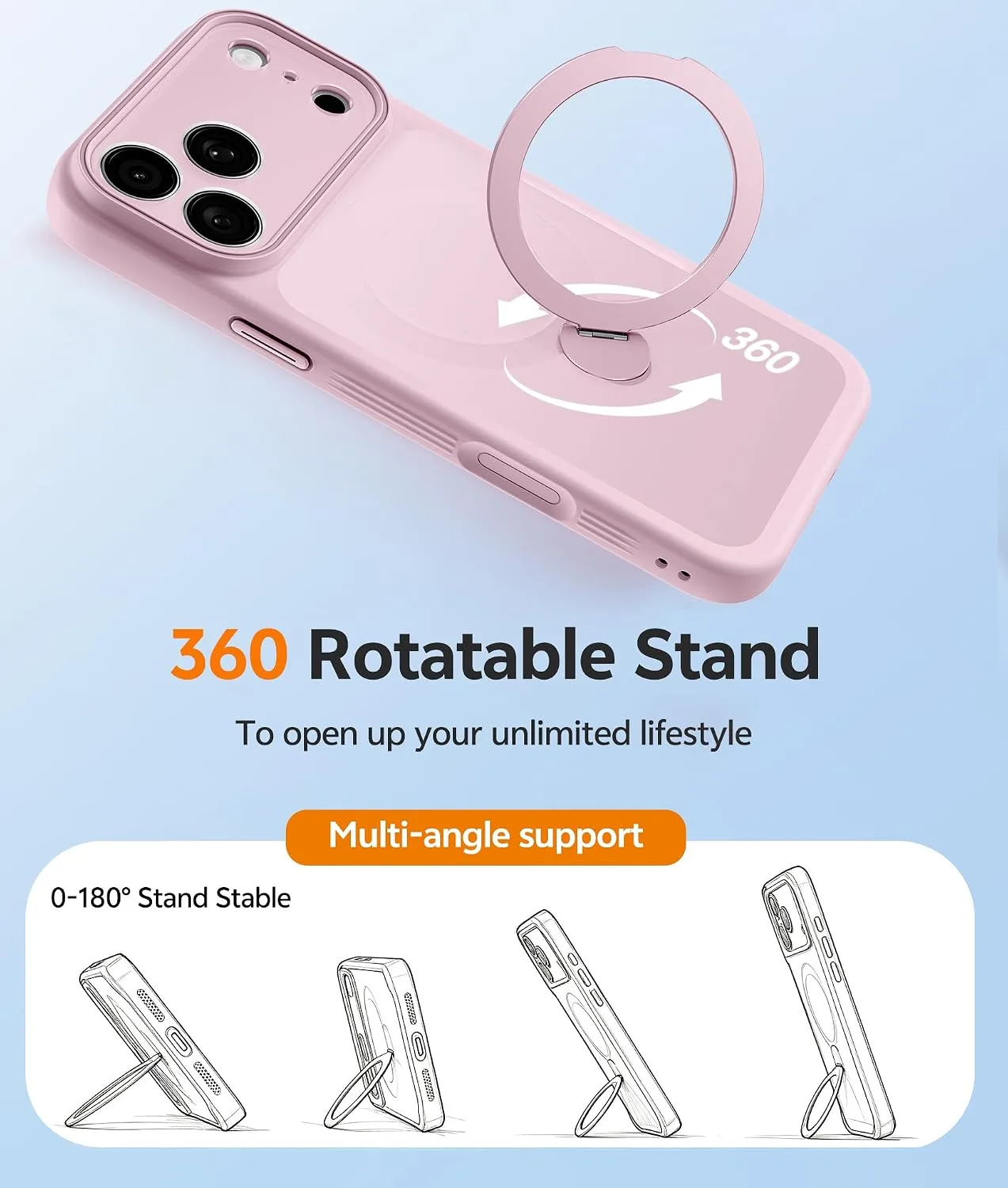for iPhone 17 Pro Case with 360 Spin Stand, Light Pink