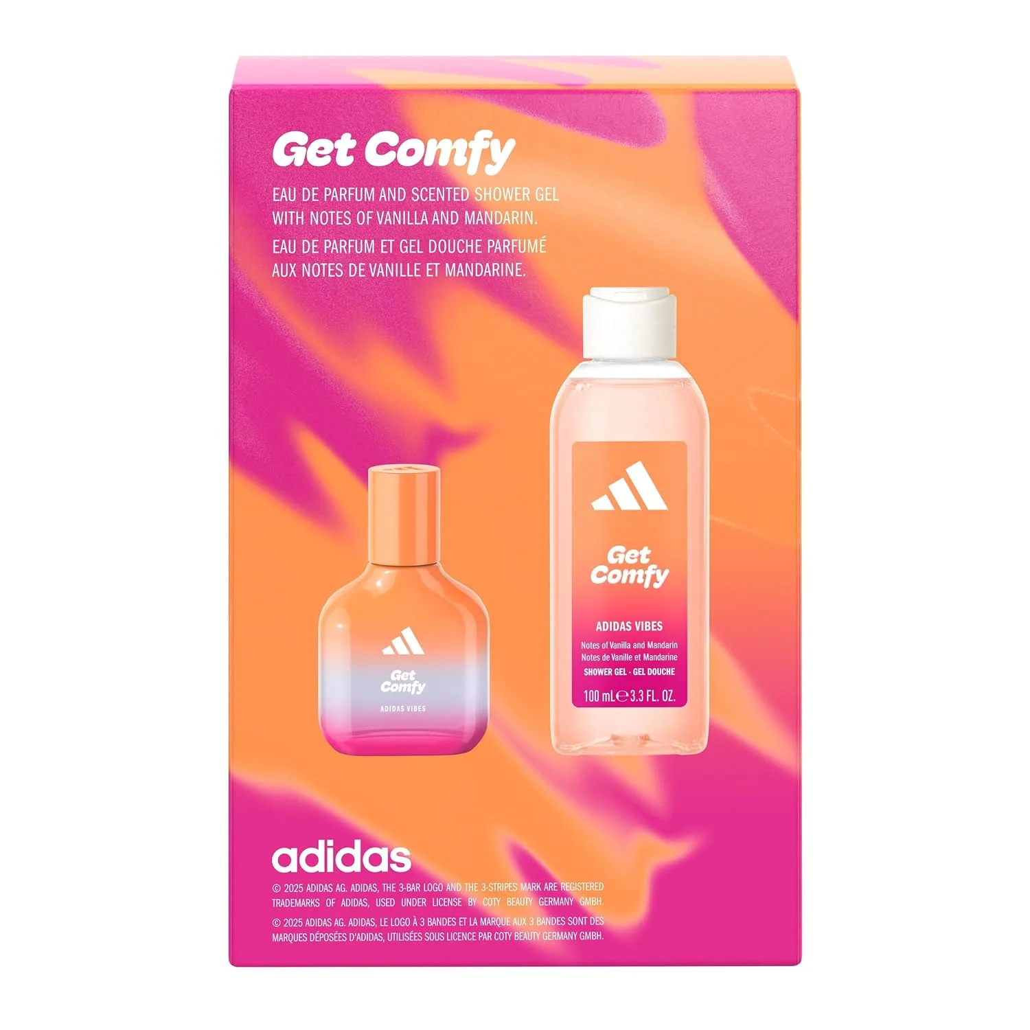 adidas Vibes Get Comfy Giftset 1 fl oz EDP + 3.3 fl oz Shower Gel, Notes of Amber Floral, Mandarin, and Vanilla, Unisex Fragrance, Long Lasting, Sporty Fragrance, Travel Size
