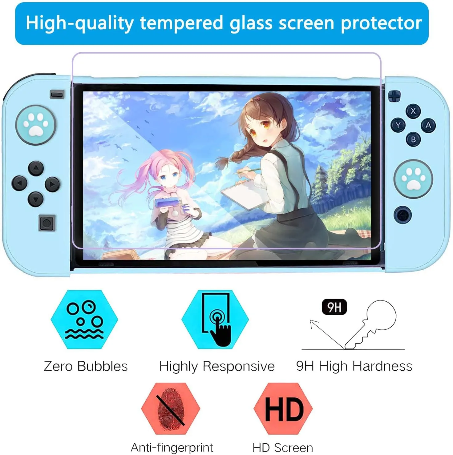 OLDZHU Blue Dockable Protective Case Cover Compatible with Nintendo Switch Joy-Con Controllers,with Glass Screen Protector and 4 Thumb Grips,Shock-Absorption and Anti-Scratch