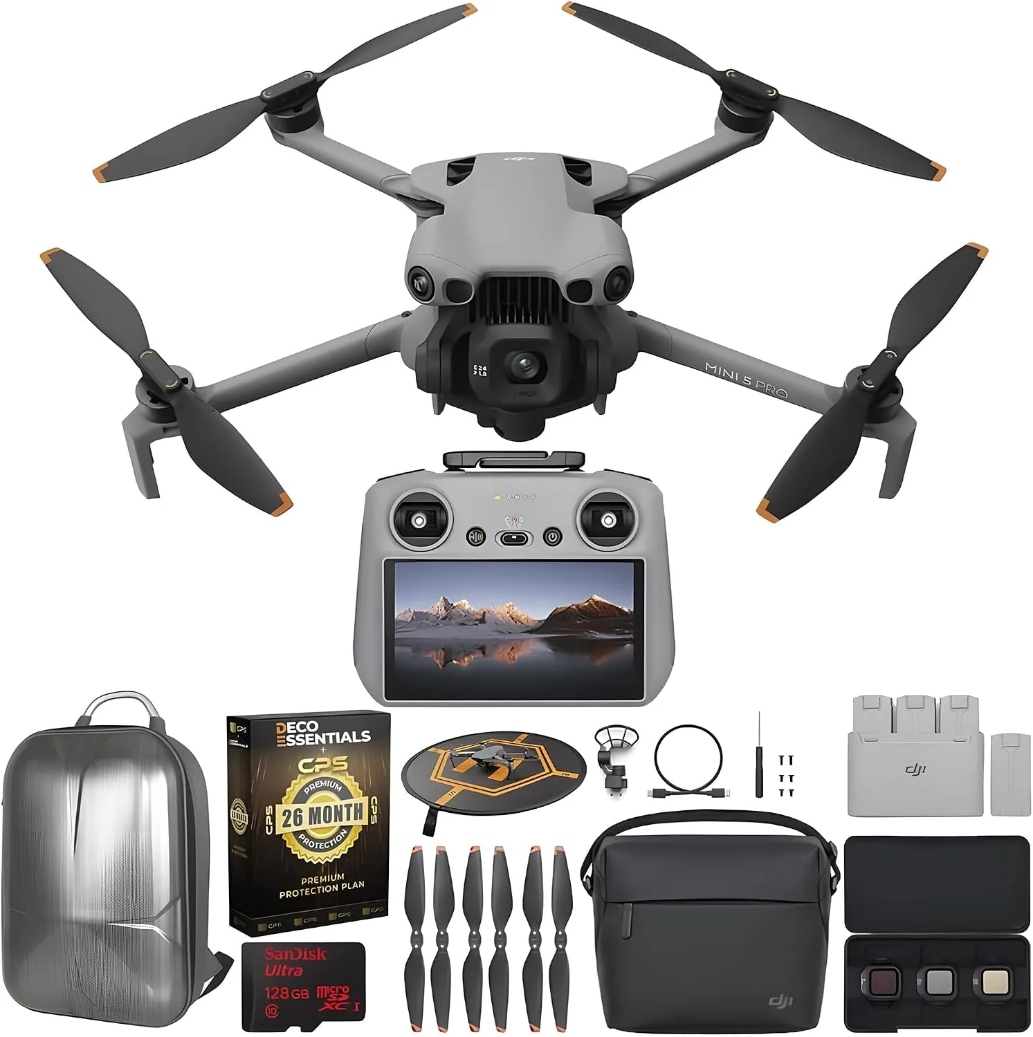 DJI Mini 5 Pro Fly More Combo with Drone, DJI RC 2 Remote, 3 Batteries, Hub Bundle with Deco Gear CPS Exclusive 26 Month Protection Pack and Accessories Kit
