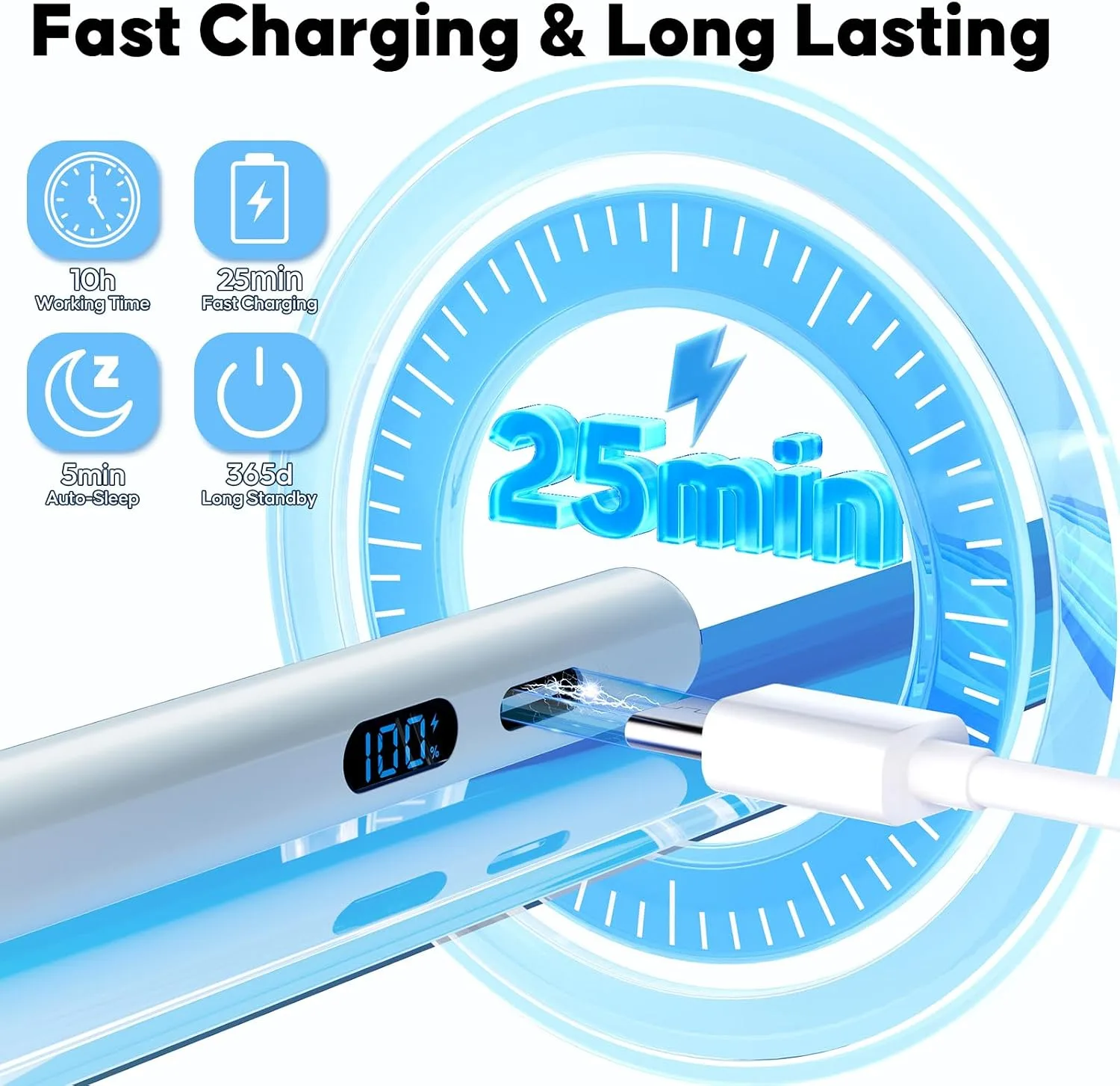 A-PCE iPad Pencil 2018-2026, Fast Charging Stylus with LED Display, Blue