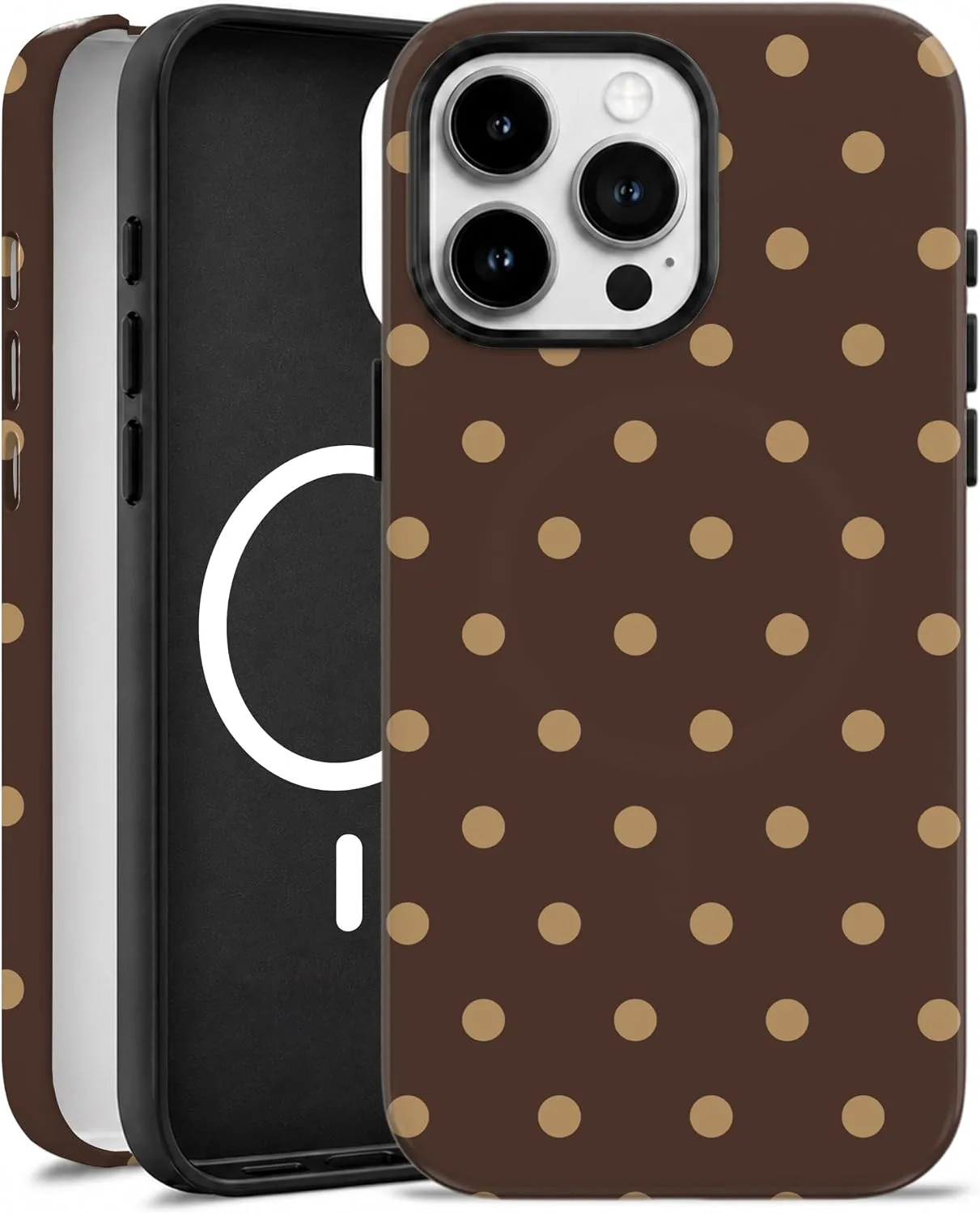 Magnetic for iPhone 15 Pro Phone Case, Brown and Cream Polka Dot