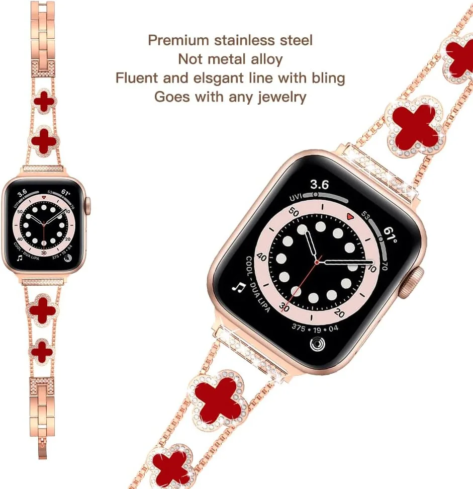 Musk-MSKR Diamond Metal Bands Add Sparkle to Your Watch For Apple Watch Series 12/11/10/9/8/7/6/5/4/3/2/SE/Ultra Clover Simple and Stylish Compatible with 38mm40mm41mm42mm44mm45mm 46mm49mm Women's Wear