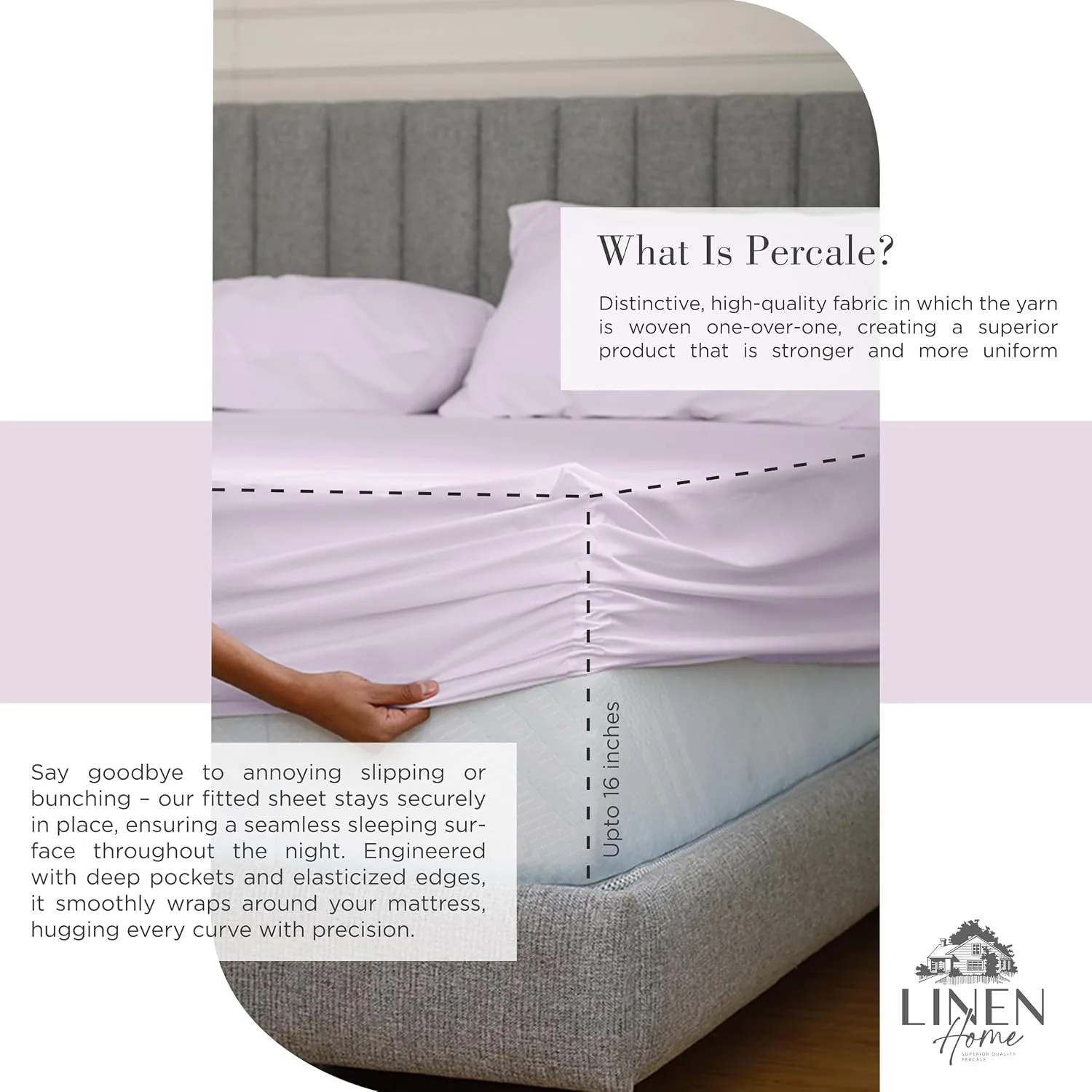 Linen Home 100% Cotton Percale King Sheets, 4 Pc Cooling Set - Iris Lilac