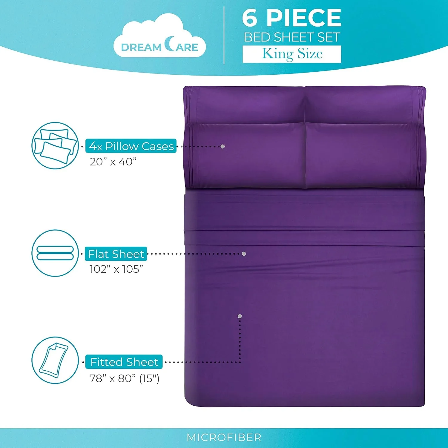 DREAMCARE King Size Sheets Set - 6 pcs Breathable Cooling Sheets King Size