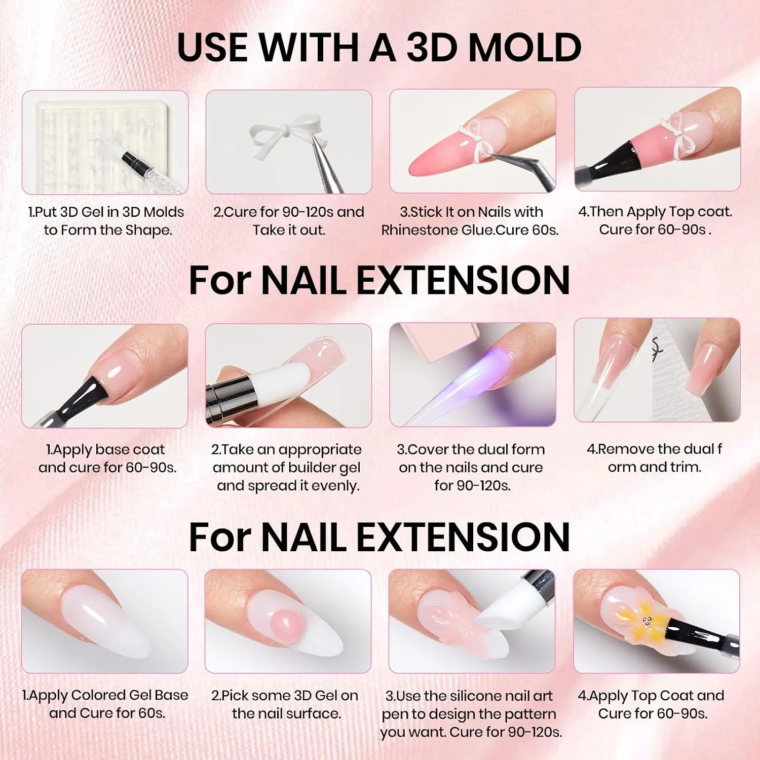 Beetles 3D Gel Nail Art with 3D Mold, 5 in 1 Pink Solid Builder Nail Gel