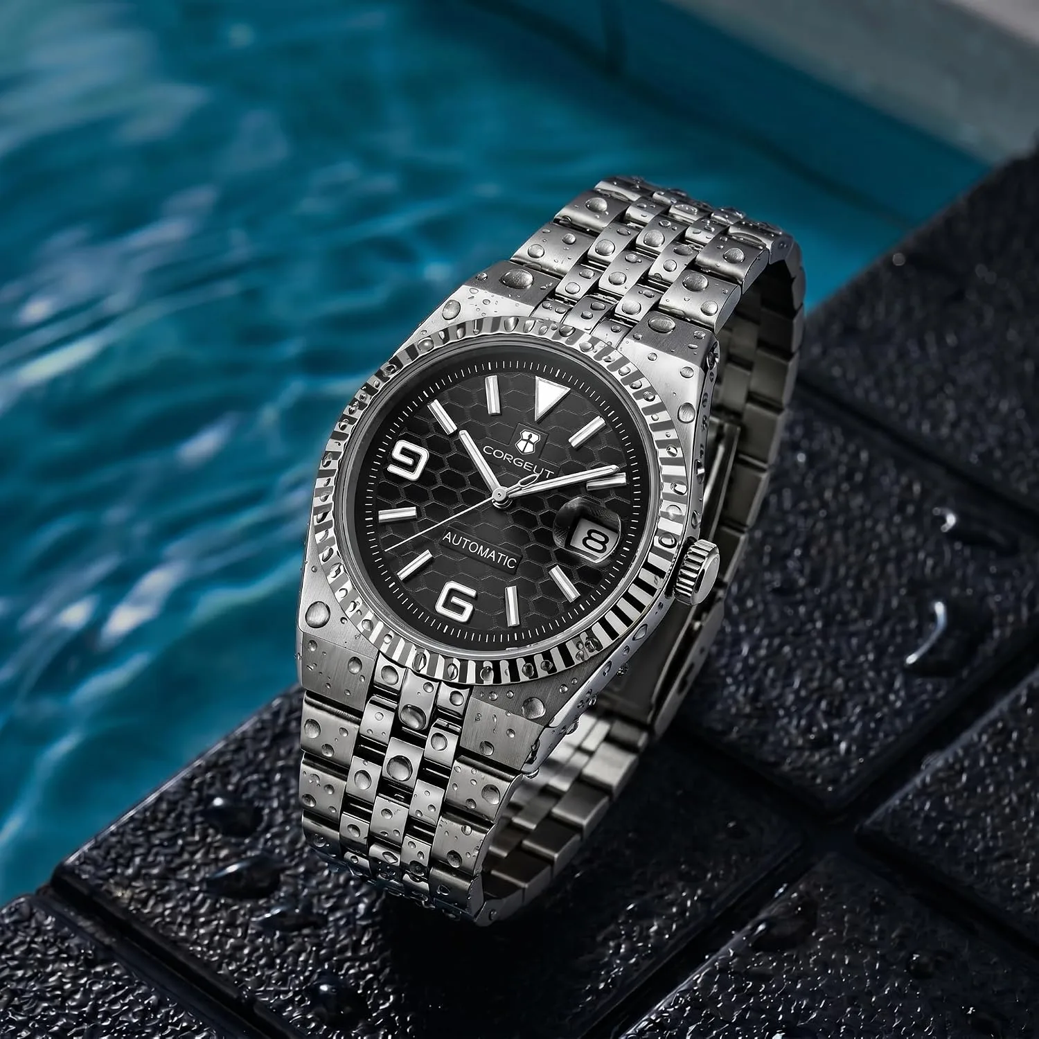 Corgeut Automatic Diver Watch for Men - 40mm Sapphire Crystal, 100M Water Resistant, Luminous Honeycomb Dial, Japanese Mechanical Movement, Stainless Steel