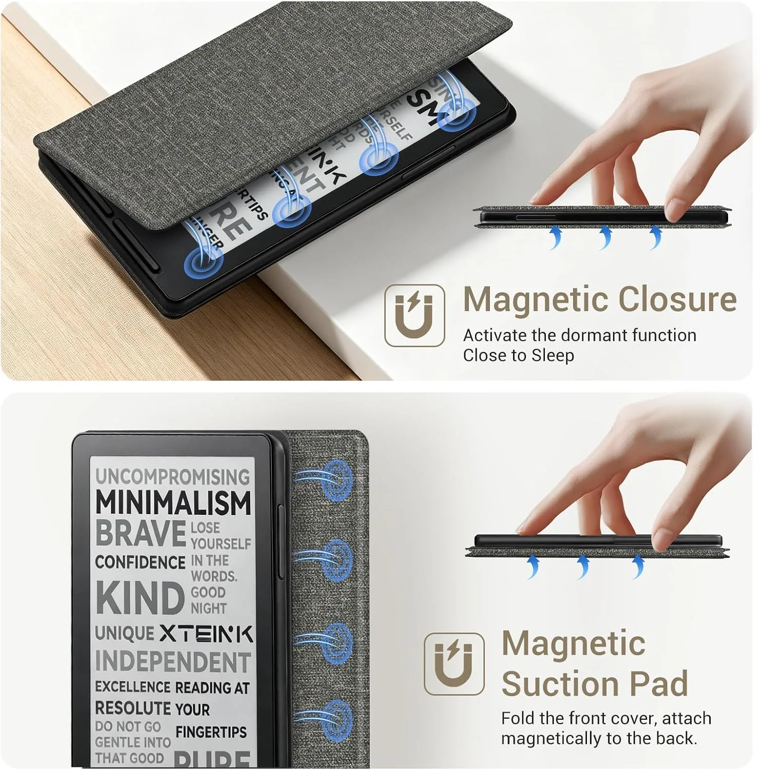 CoBak Magnetic Case for XTEINK X3 eBook Reader, 3.7" Ultra-Lightweight PU Leather Cover(Cloth Pattern Gray)
