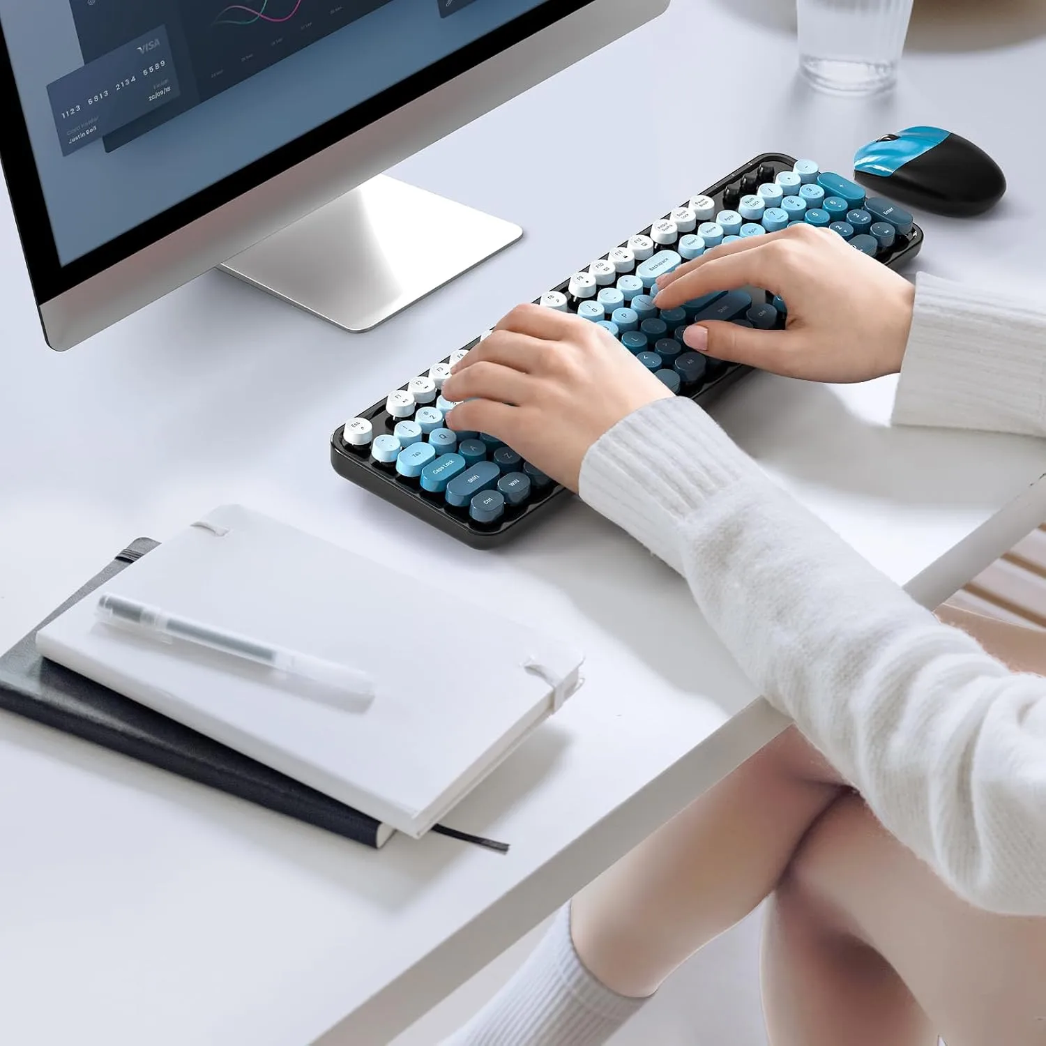 MOFII Wireless Keyboard and Mouse Combo, Full Size 2.4G Plug and Play Typewriter Retro Round Computer Keyboard and Mouse Set for Windows, Computer, Desktop, PC, Notebook - (Black Blue Gradient)