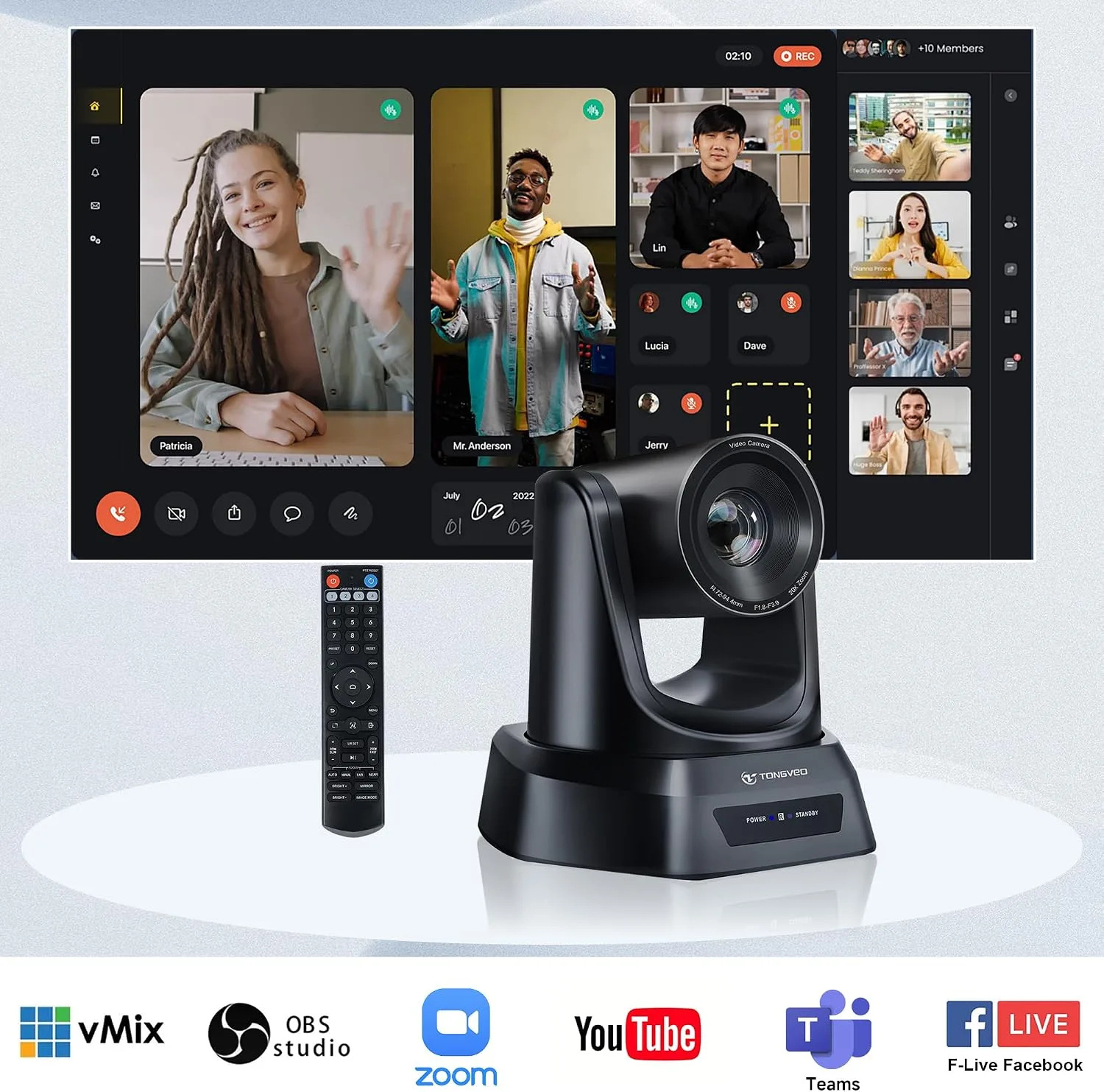 TONGVEO Wireless AI PTZ 20X Zoom Camera with Auto-Tracking: Built-in 5.8GHz Receiver for Cable-Free Setup, 1080P 60fps Conference Camera for Church Services, Online Classes & Hybrid Meetings