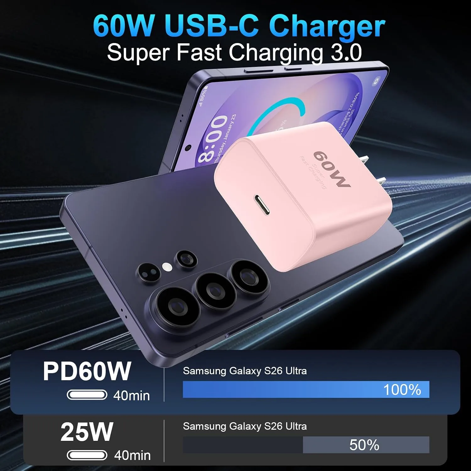 Super Fast Charger Type C 60W USB C Fast Charger Block with 10FT Extra Long Type-C Charging Cord-Super Fast Charging 3.0 for Samsung Galaxy S26 Ultra/S26/S26+/S25 /S24/S23 Ultra-Pink