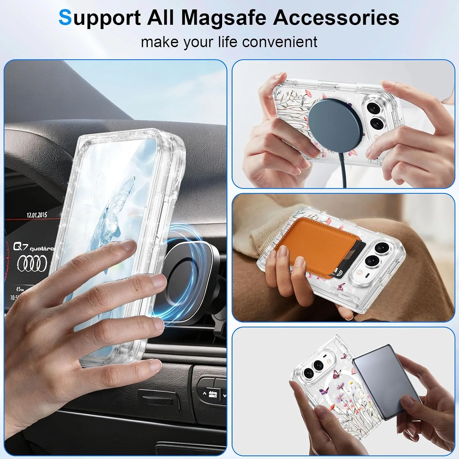 for iPhone Duo Case Clear Glitter Magnetic with Hinge Protection