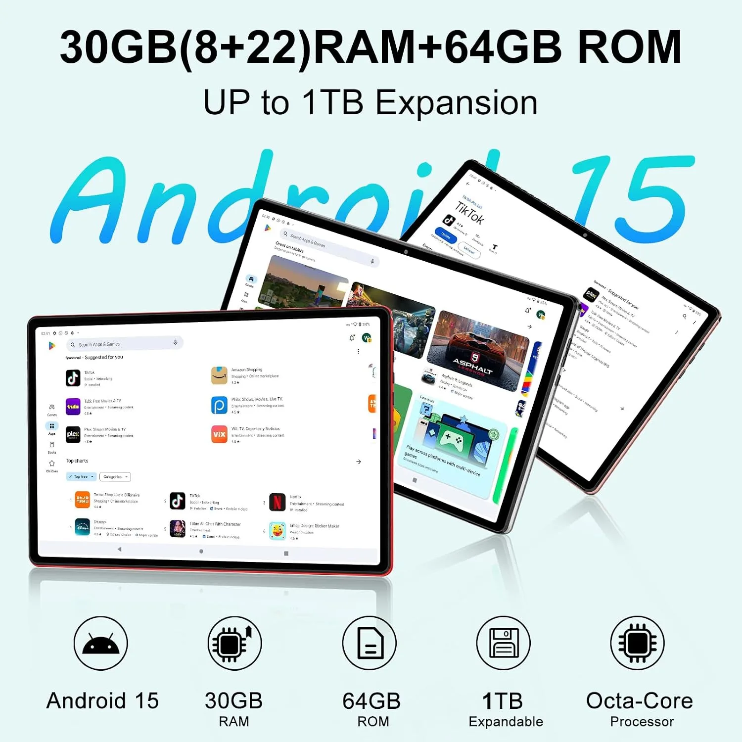 Android Tablet with Keyboard 30GB+64GB+1TB, Tablet 10 Inch Octa-Core Electronics Tablets, Gemini AI, 6000mAh, HD IPS Display, 5G WiFi, Widevine L1, Split Screen - Sliver
