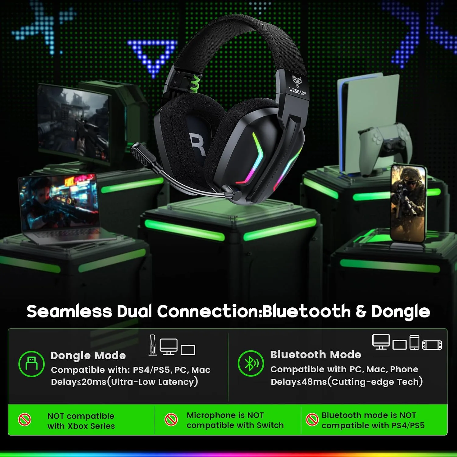 WESEARY Wireless Gaming Headsets for PC, PS5, PS4, Switch, Mac, 2.4GHz Wireless Gaming Headphone with ENC Noise Canceling Microphone, Bluetooth 5.4, Cool Lighting, 50H Battery, 50mm Drivers