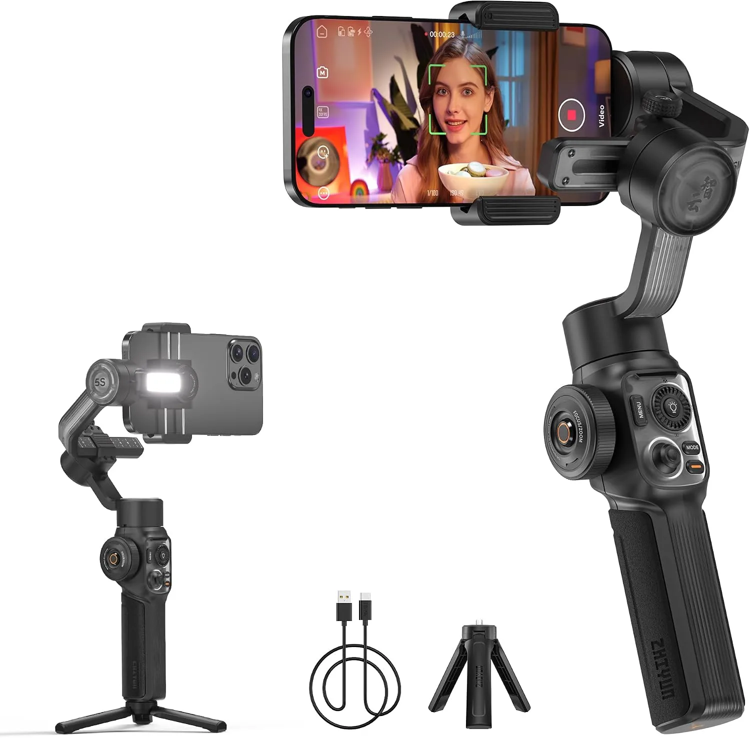ZHIYUN Smooth 5S AI [Official] 3-Axis Gimbal Stabilizer for Smartphone, iPhone Gimbal with Built-in Fill Light, Tripod, Phone Stabilizer for Video Recording Supports Gesture Control, 360° Inception