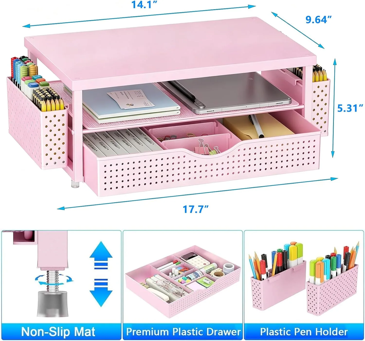gianotter Monitor Stand with Drawer and 2 Pen Holders (Matte Pink)