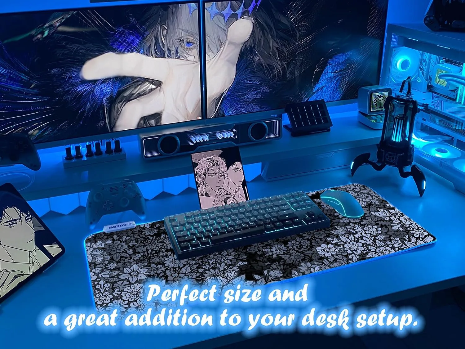 JMIYAV White Gaming Mouse Pad RGB Mousepad 31.5x12In Non-Slip Rubber Base Extra Large Cool XL XXL Computer Desk Pad Gaming Accessories Setup LED Light Up Big Mouse Pad for Gamer Black Ash Bloom