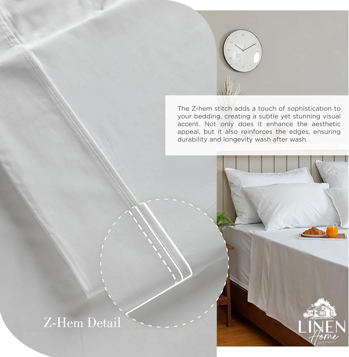 Linen Home 100% Cotton Percale Sheets King, 4 Pc Cooling Set - White