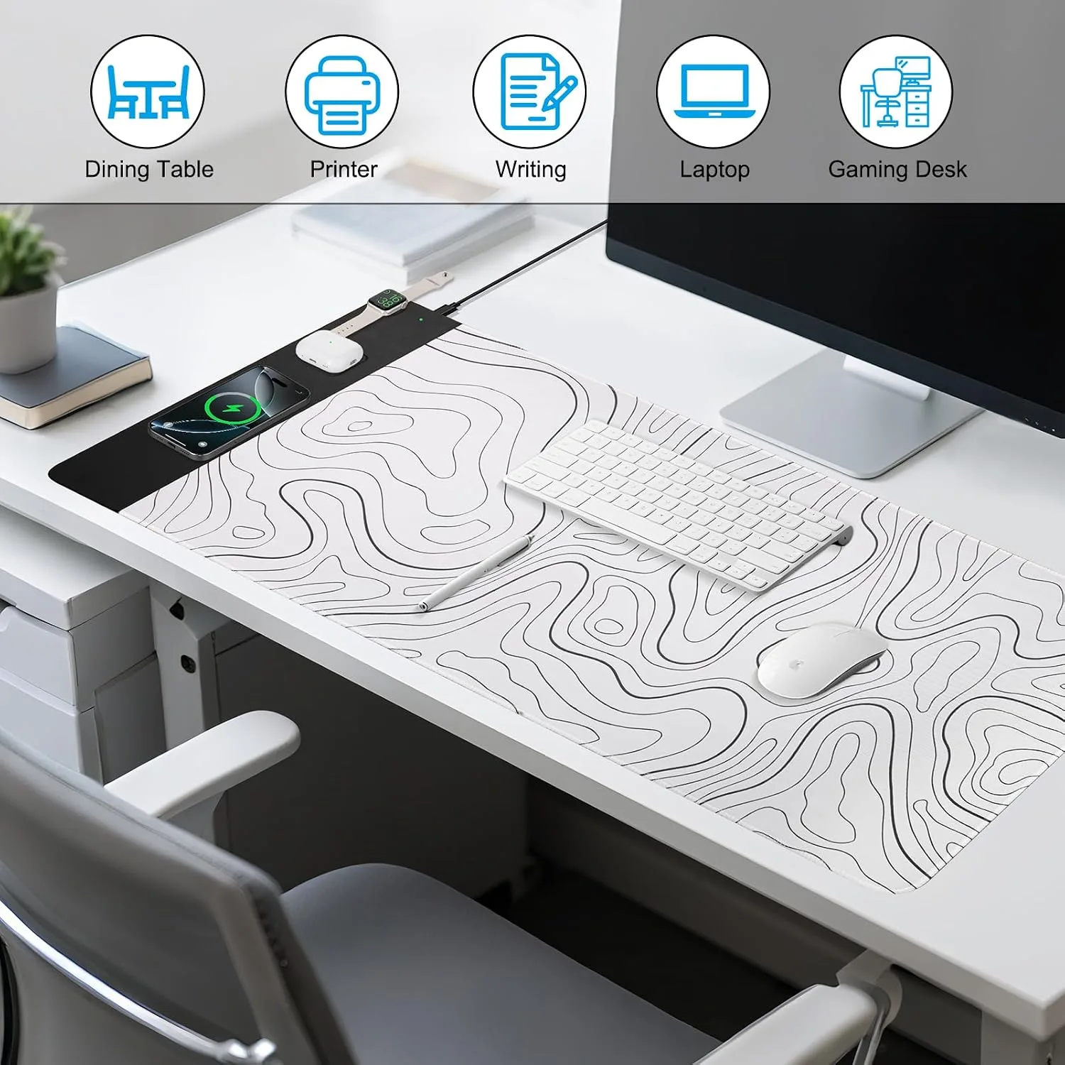 VOVIPO 3 in 1 Wireless Charging Mouse Pad, Desk Mat with Wireless Charger Multiple Devices Compitable with Watch/iPhone, White Topographic Large Desk Mat(90 x 40cm) for MacBook, PC, Laptop