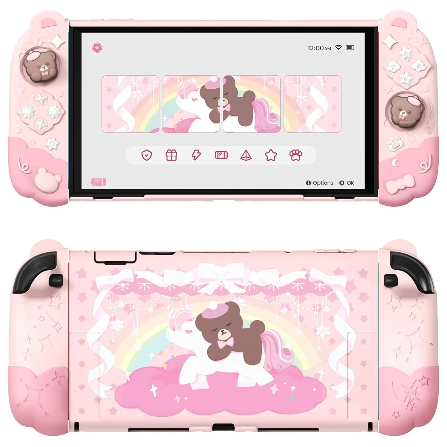 PlayVital Good Night Bear Dockable Case for Nintendo Switch 2 with Stand | Split Design Silicone Joycon Grips, PC Console Hard Shell, 2 Joystick Caps | Cute Protective Cover Bundle – Pink